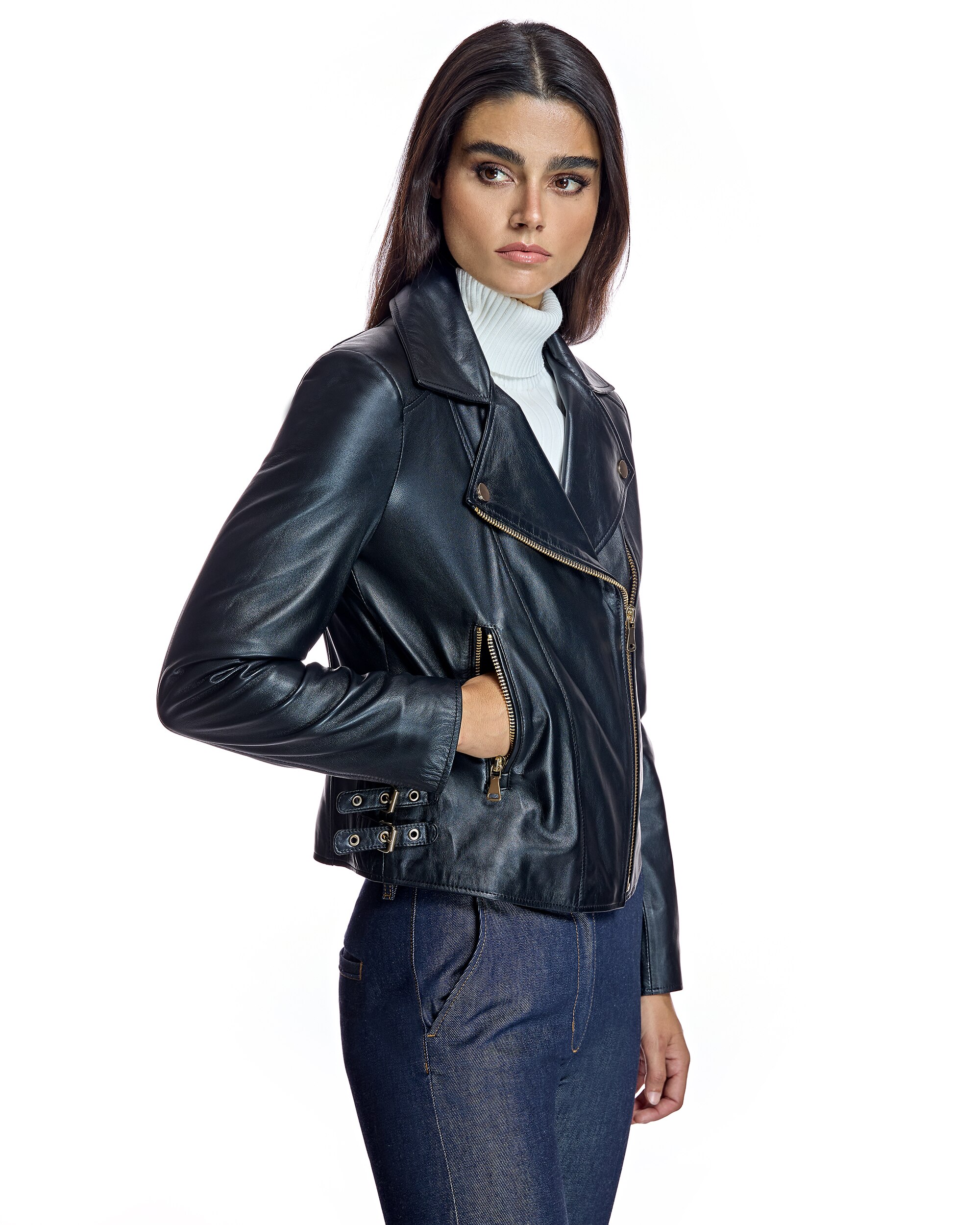 Blusão de Pele de Couro com Fecho Zip Preto-2