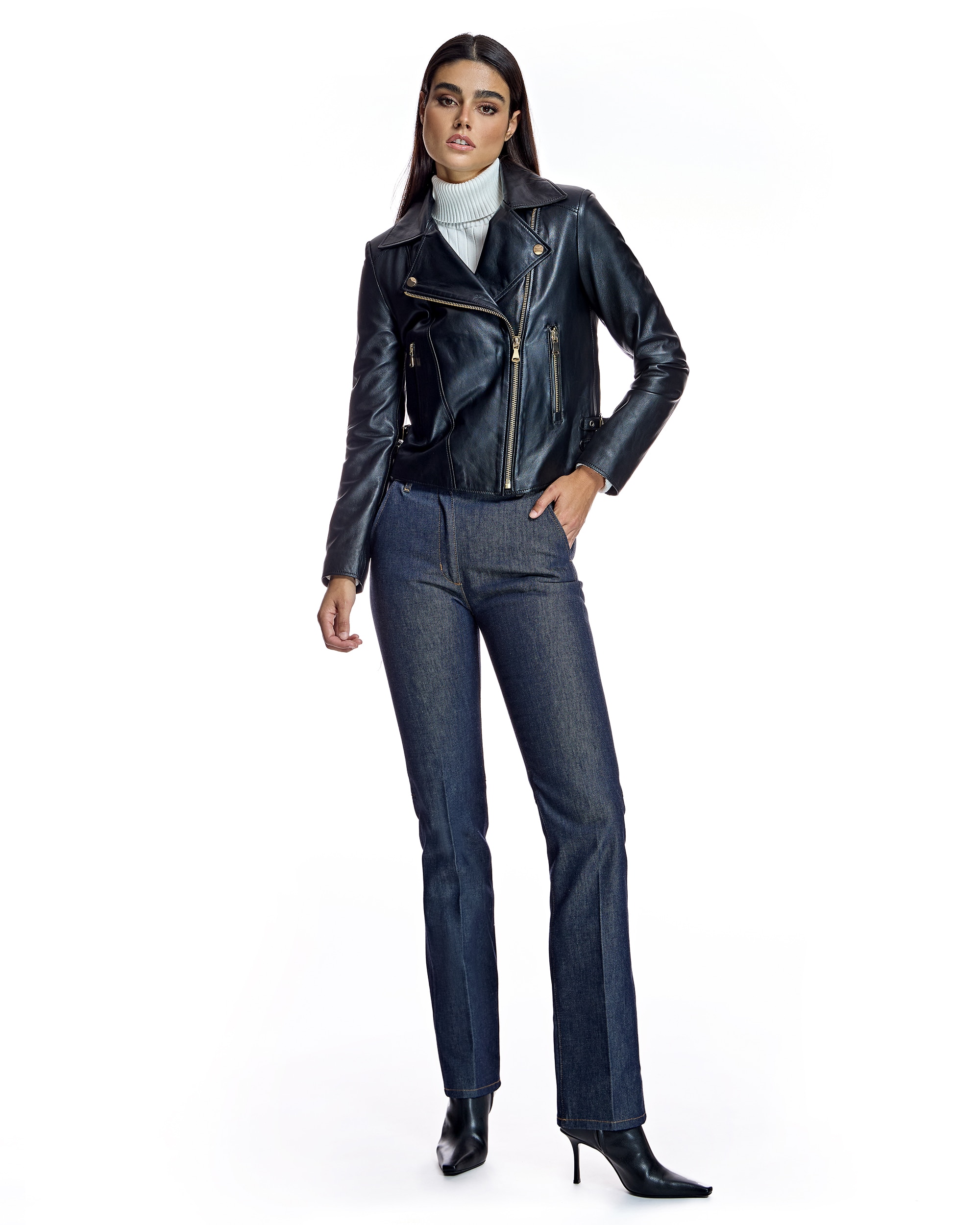 Blusão de Pele de Couro com Fecho Zip Preto-4