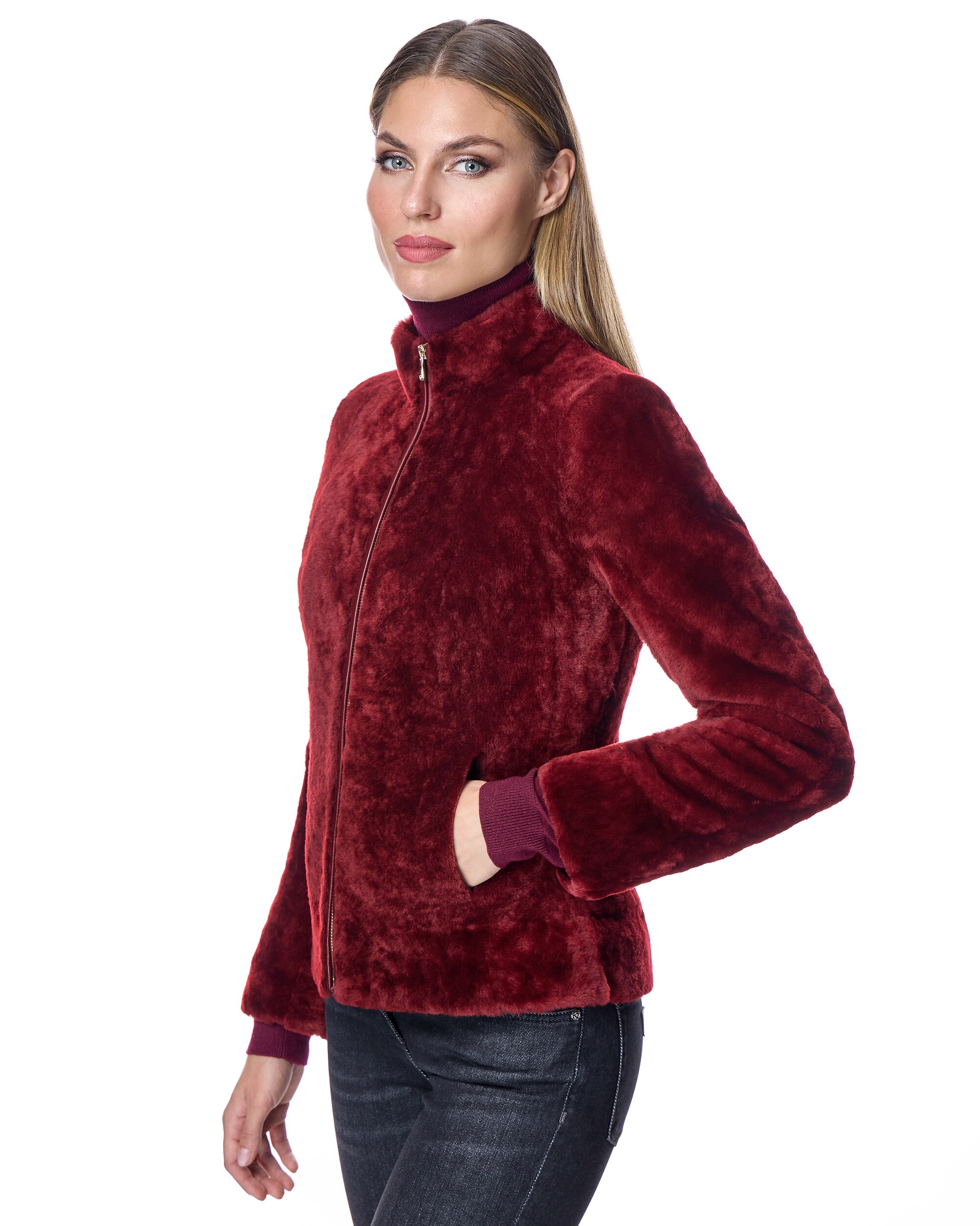 Casaco de Pele de Cordeiro com Fecho Zip Vermelho-2