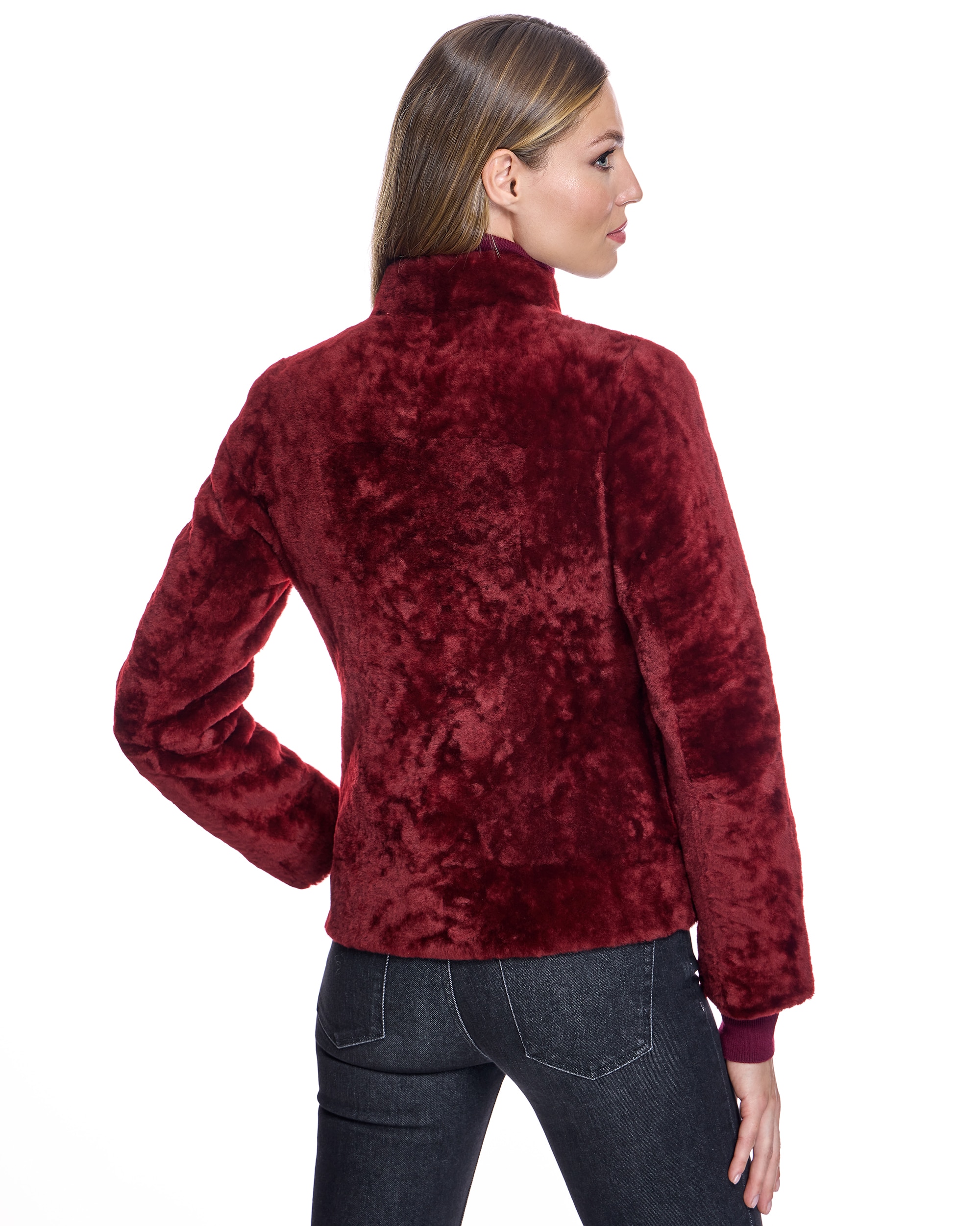 Casaco de Pele de Cordeiro com Fecho Zip Vermelho-3