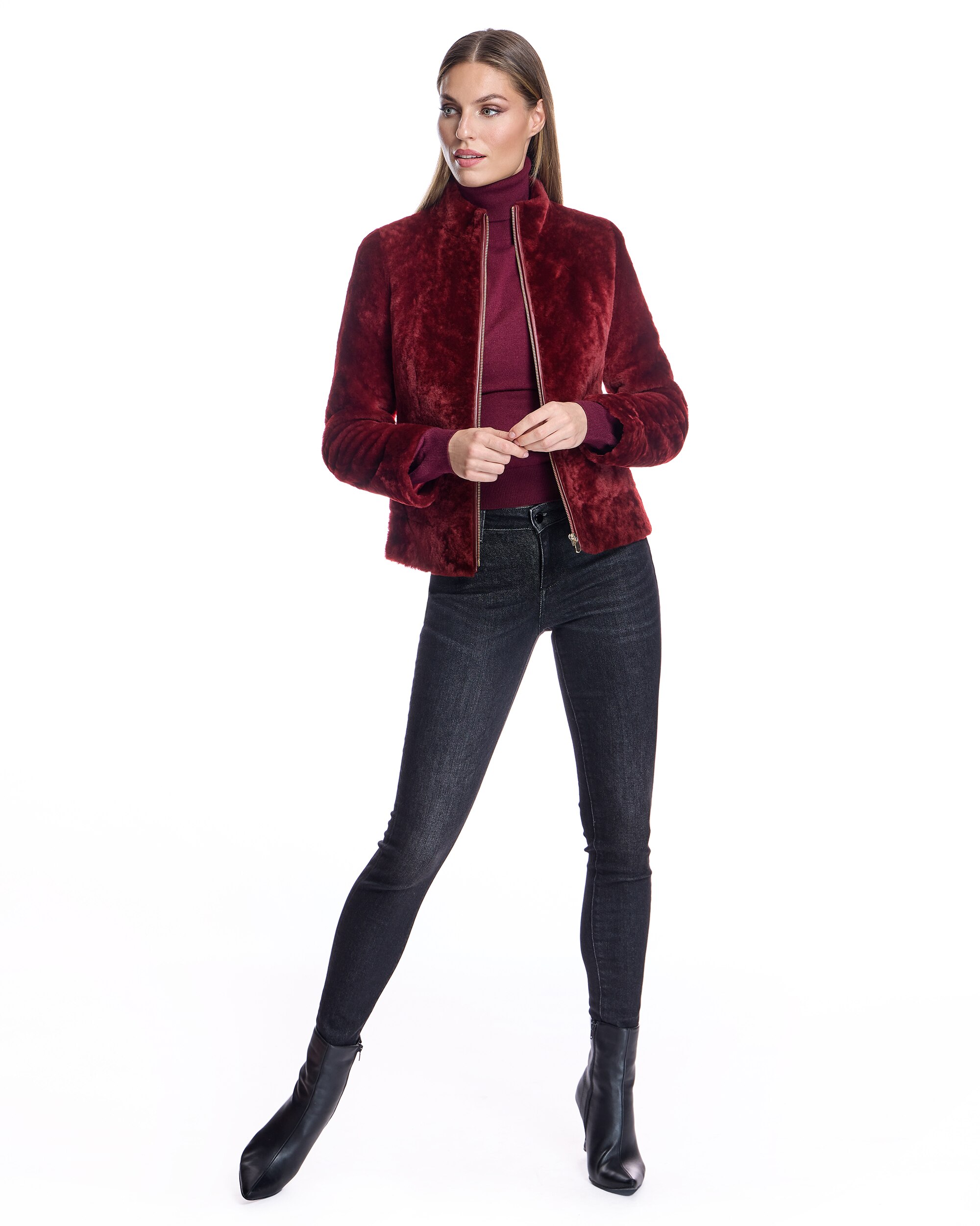 Casaco de Pele de Cordeiro com Fecho Zip Vermelho-4