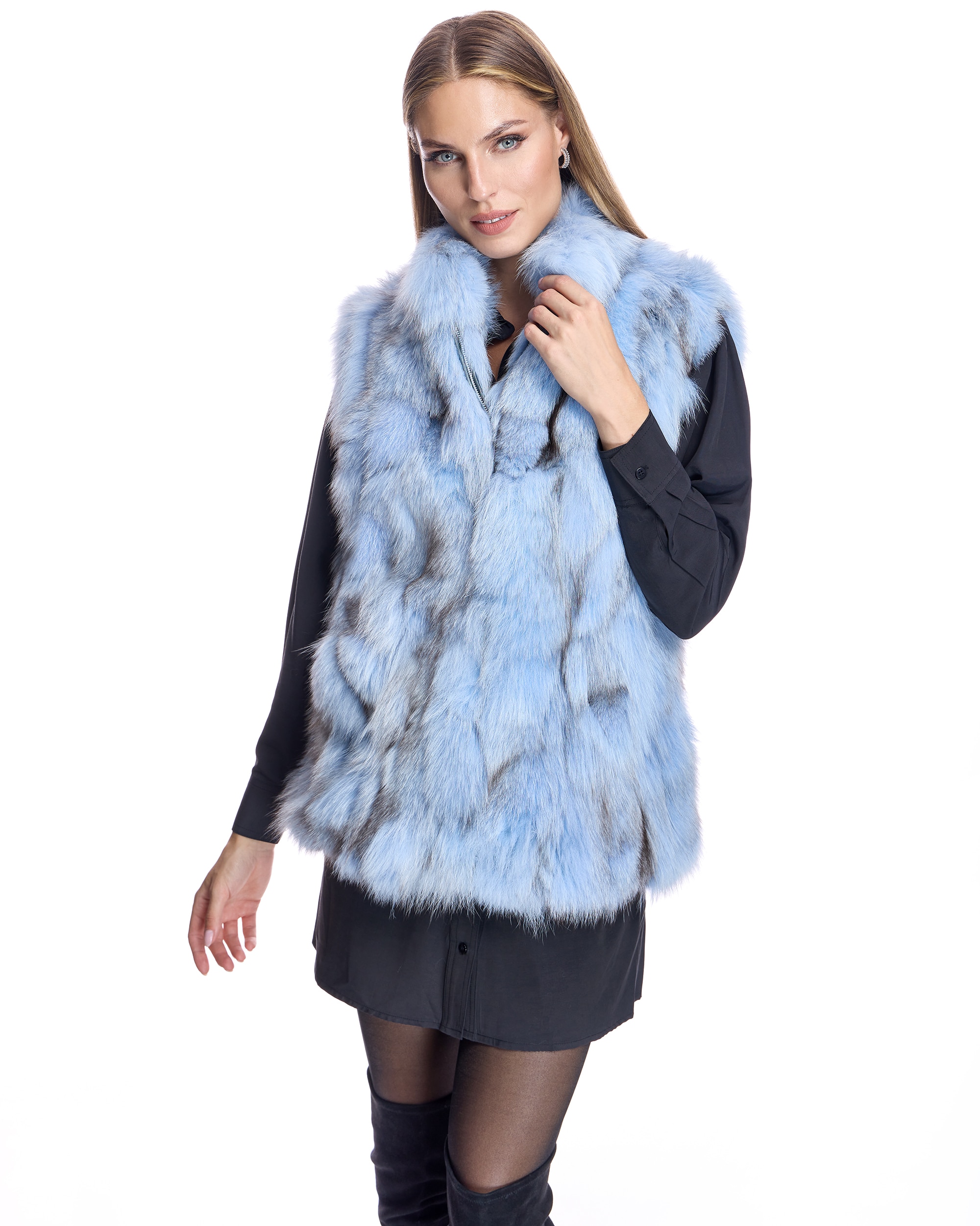 Imagem 0 de Colete em Pelo de Raposa com Gola Alta e Fecho Zip