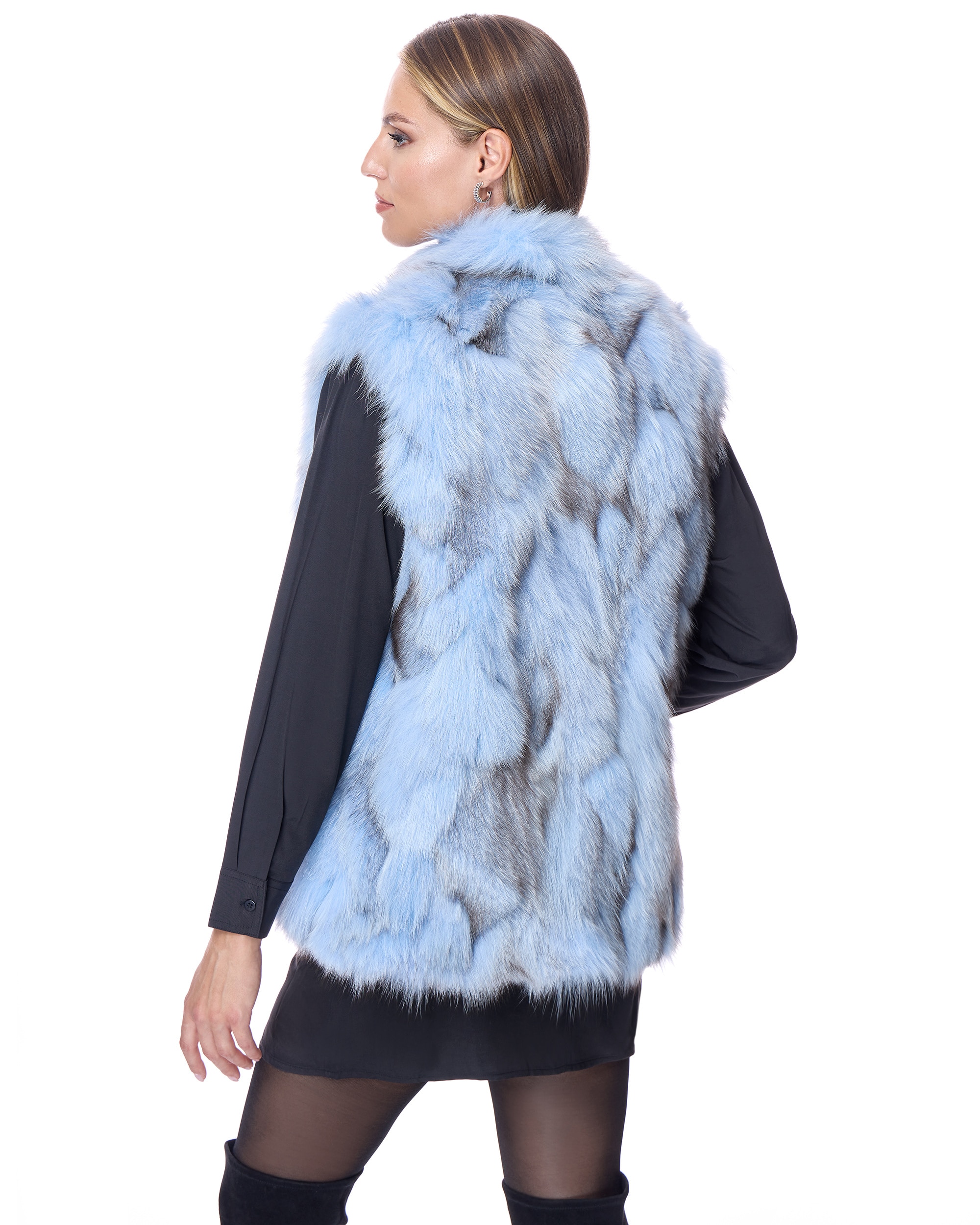 Colete em Pelo de Raposa com Gola Alta e Fecho Zip Azul-claro-3