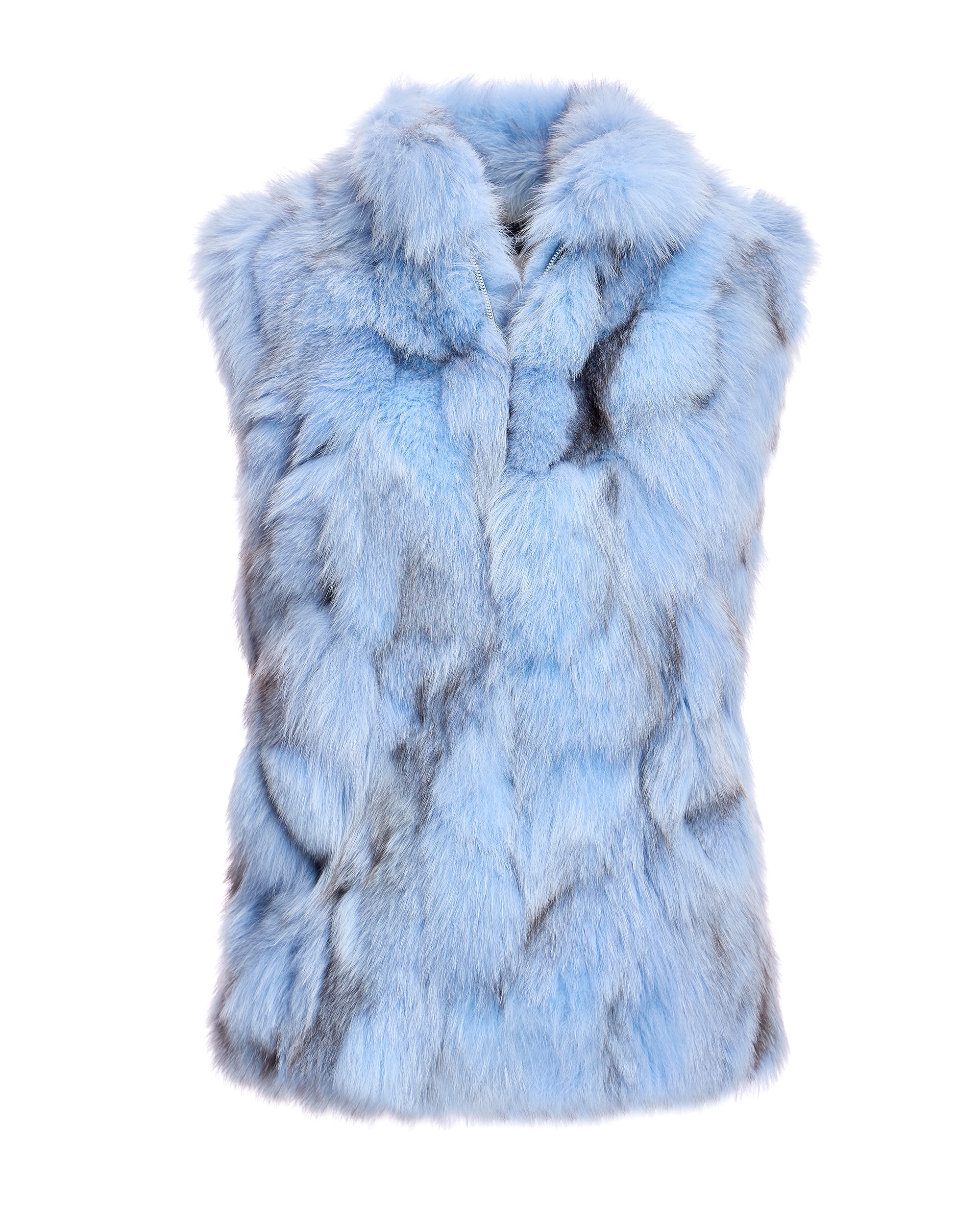 Colete em Pelo de Raposa com Gola Alta e Fecho Zip Azul-claro-5