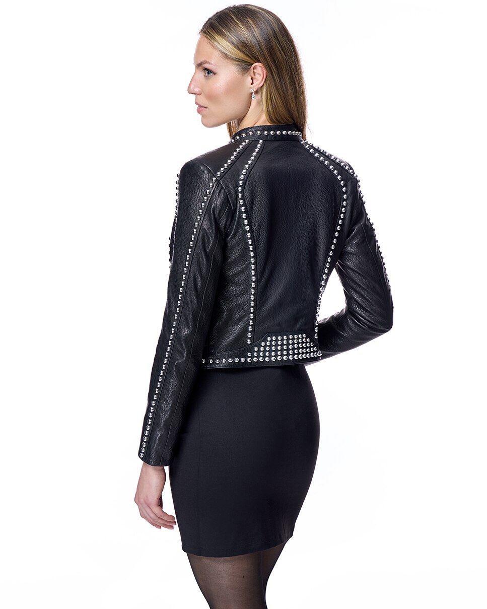 Blusão de Couro com Fecho Zip e Tachas Preto-3