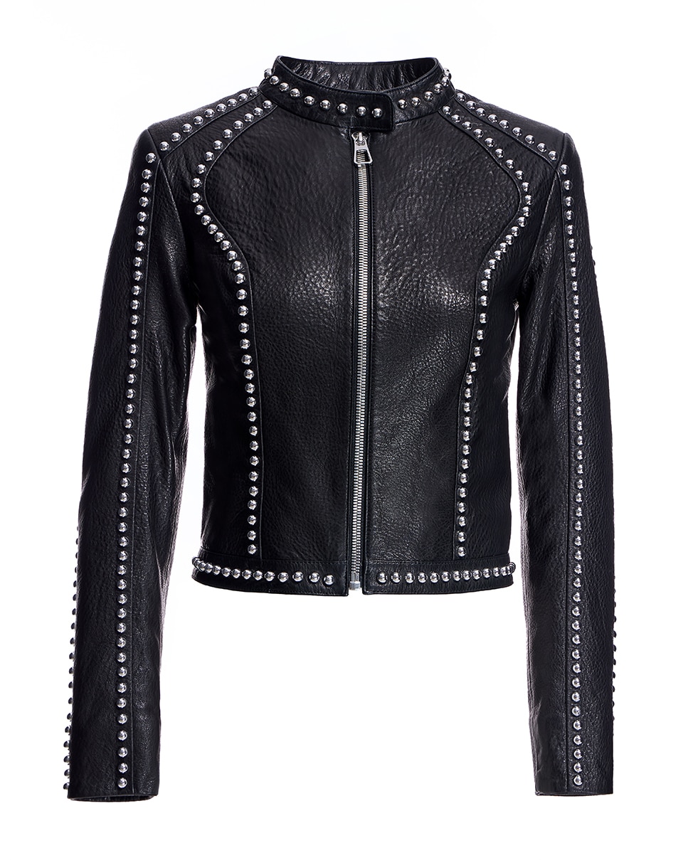 Blusão de Couro com Fecho Zip e Tachas Preto-5