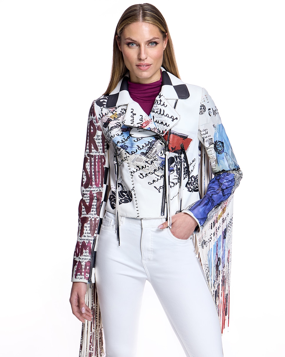 Casaco de Couro Estampado com Franjas Multicolor-1