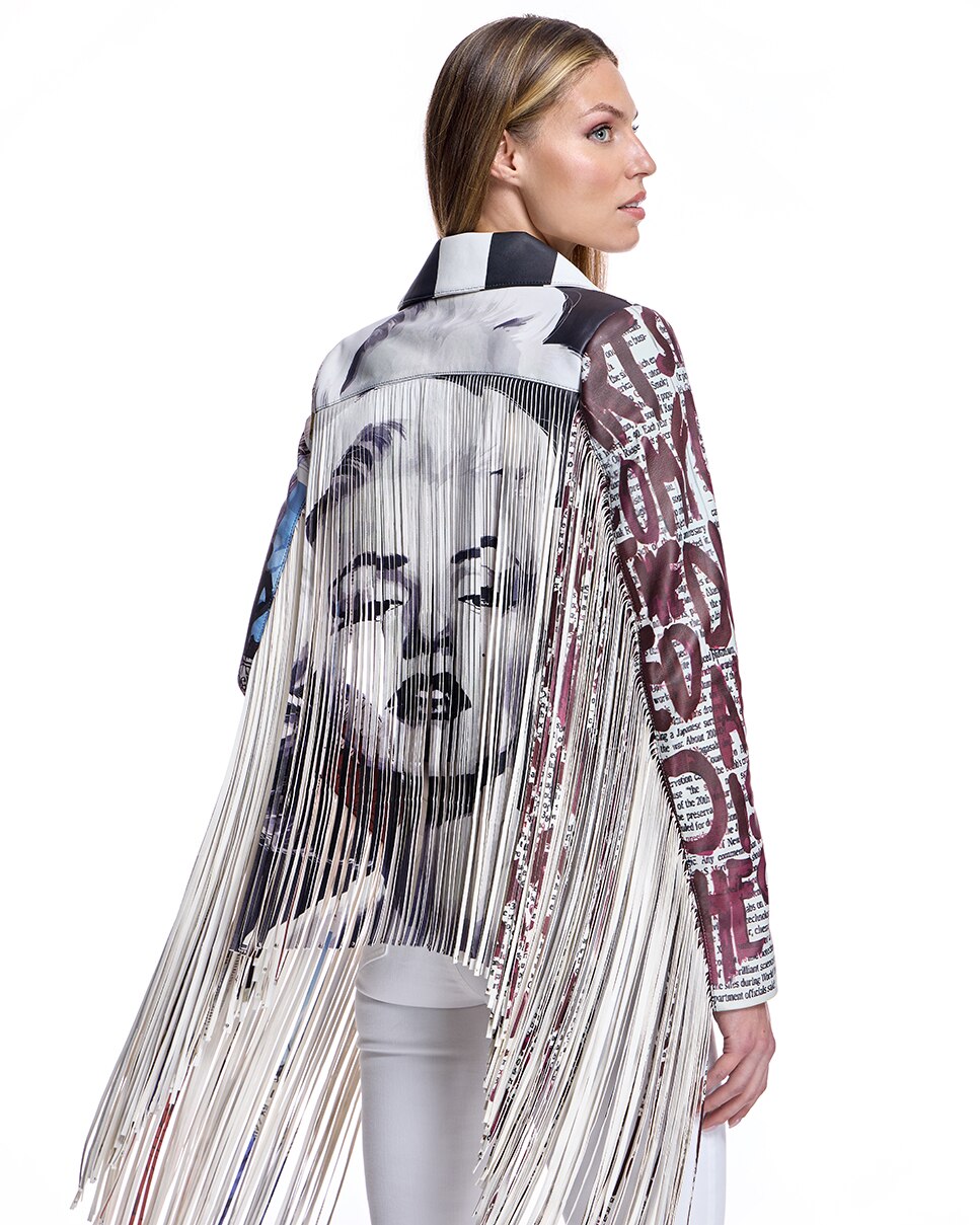 Casaco de Couro Estampado com Franjas Multicolor-3