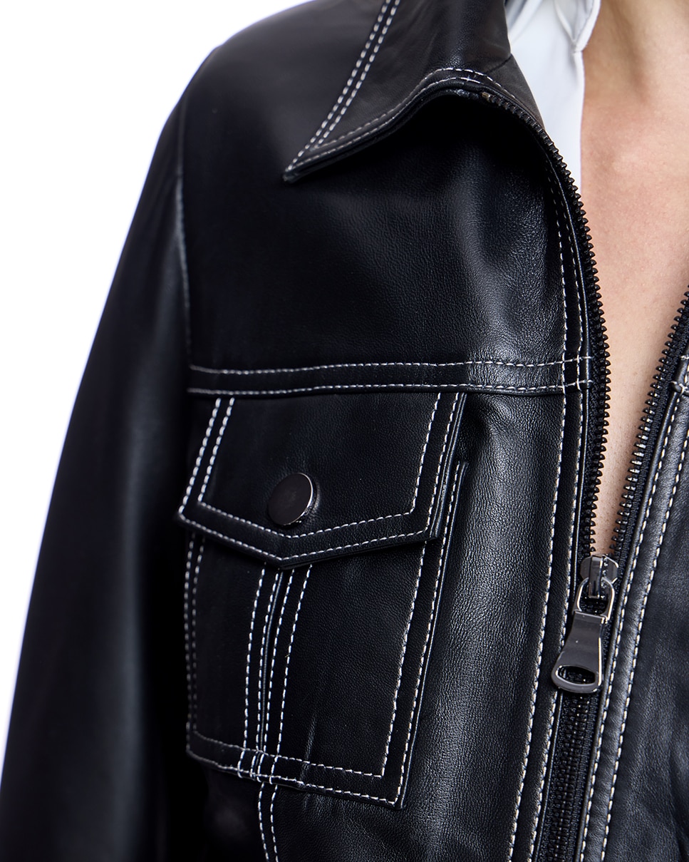 Blusão de Pele com Fecho Zip e Bolsos Fole Preto-6