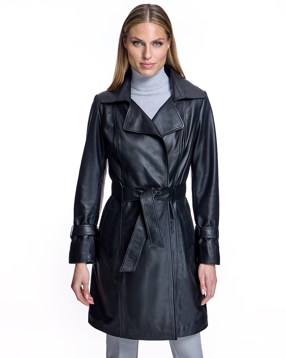 Gabardina de Couro com Cinto e Gola com Lapela Preto-1