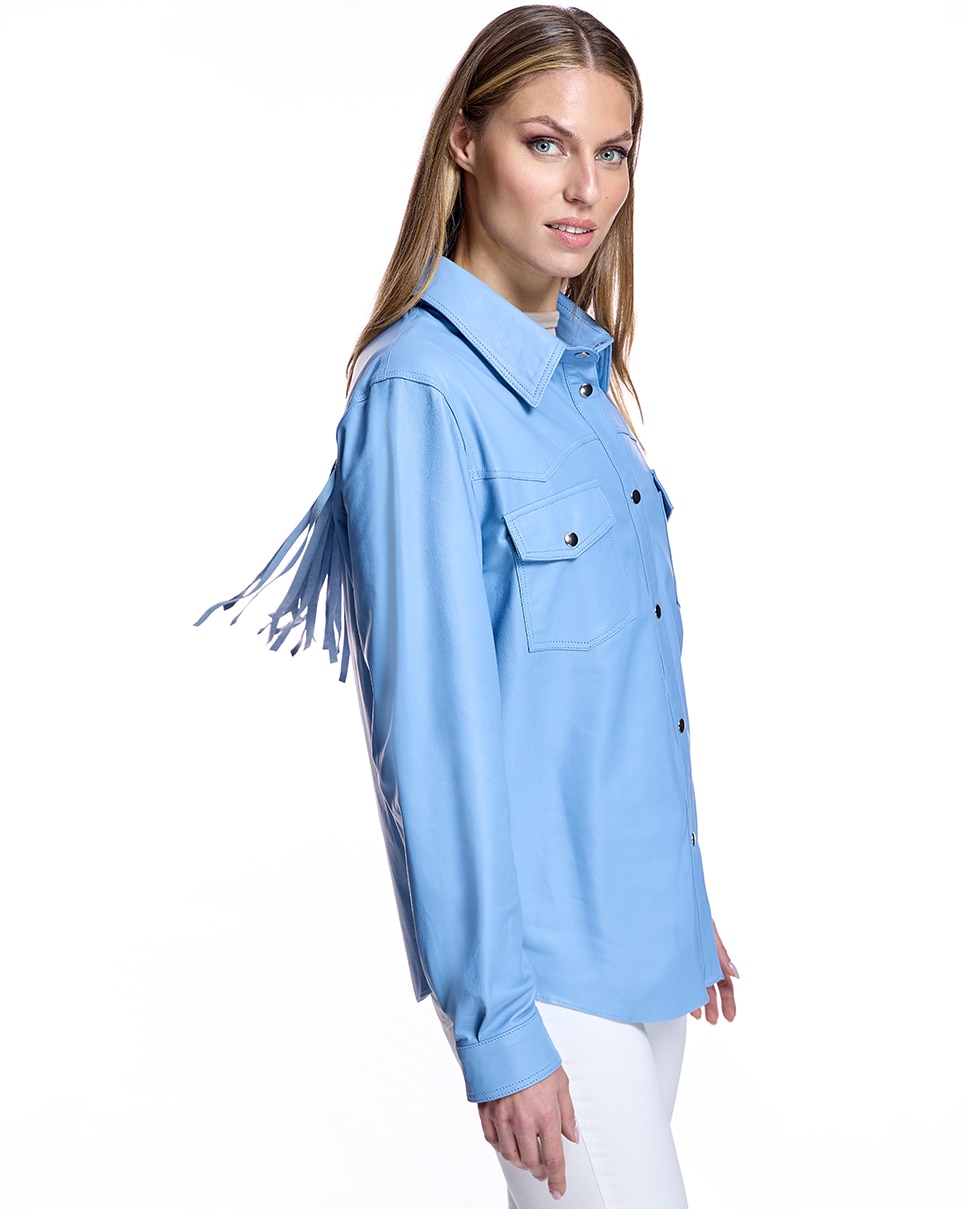 Sobrecamisa de Couro com Bolsos Plaqué e Franjas nas Costas Azul-claro-2