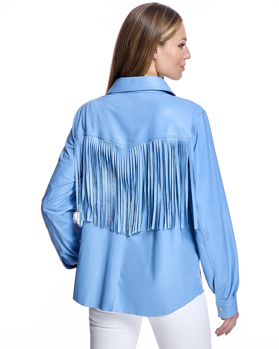 Sobrecamisa de Couro com Bolsos Plaqué e Franjas nas Costas Azul-claro-3