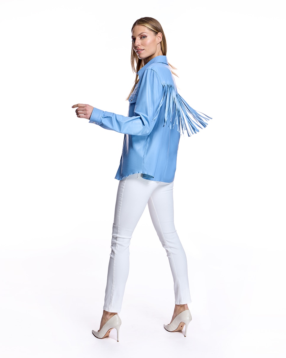 Sobrecamisa de Couro com Bolsos Plaqué e Franjas nas Costas Azul-claro-4