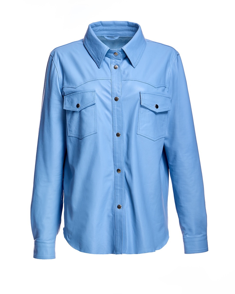 Sobrecamisa de Couro com Bolsos Plaqué e Franjas nas Costas Azul-claro-5