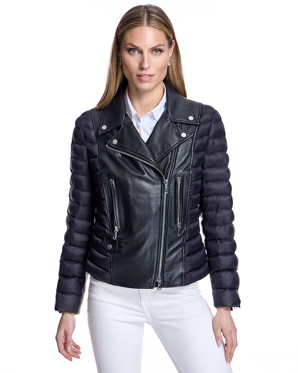 Blusão de Couro com Fecho Zip e Lateral e Mangas de Acolchoado Preto-1