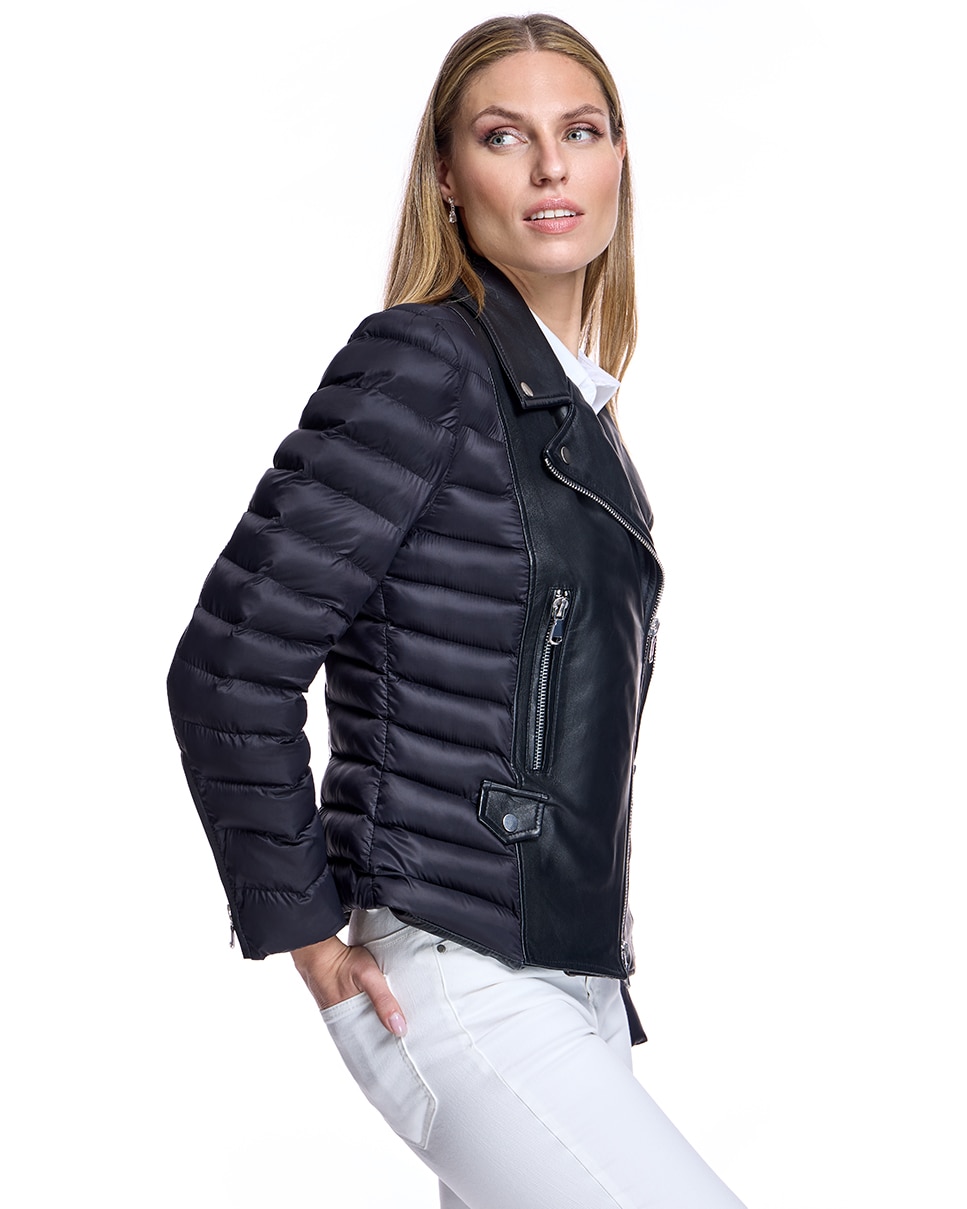 Blusão de Couro com Fecho Zip e Lateral e Mangas de Acolchoado Preto-2