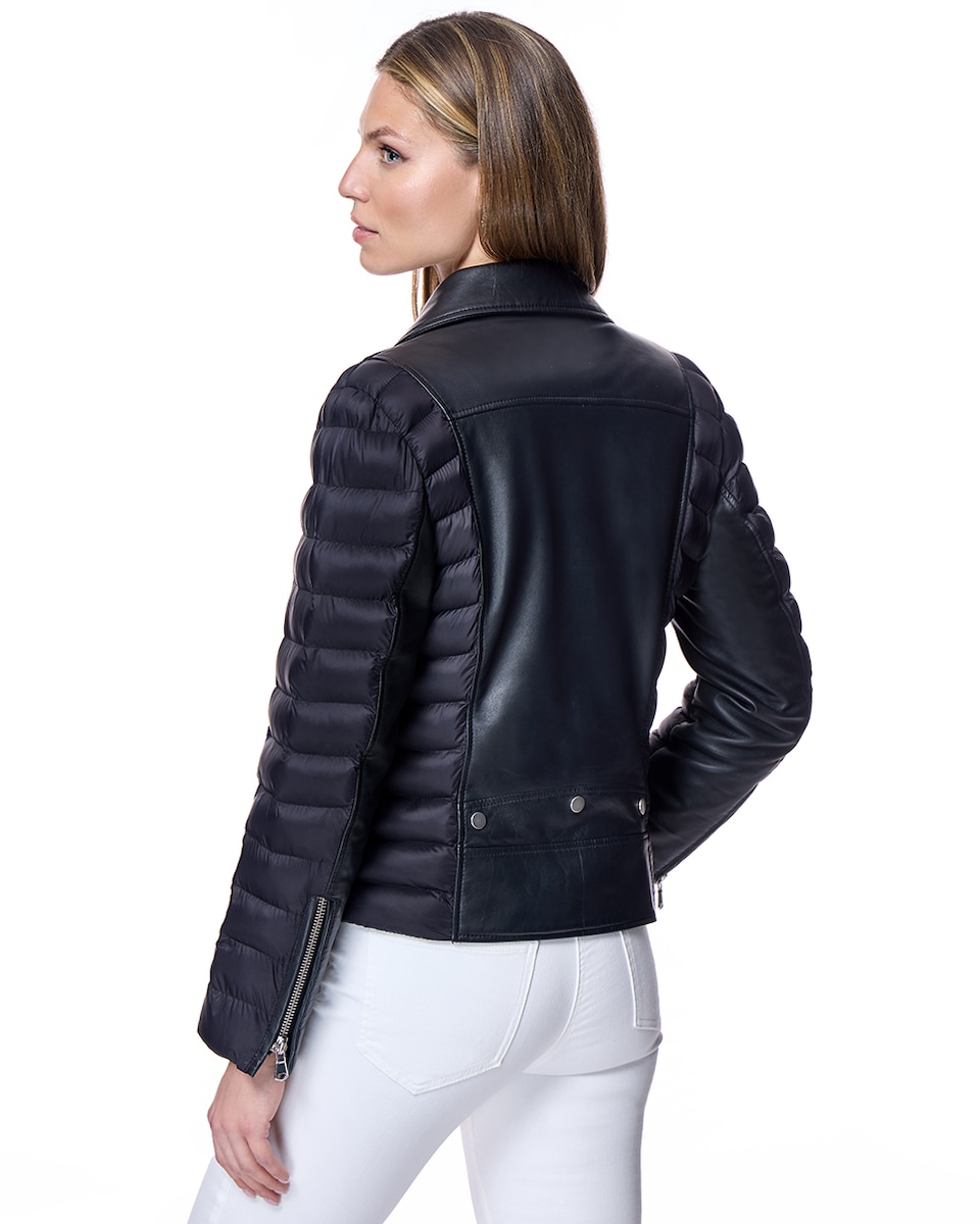 Blusão de Couro com Fecho Zip e Lateral e Mangas de Acolchoado Preto-3