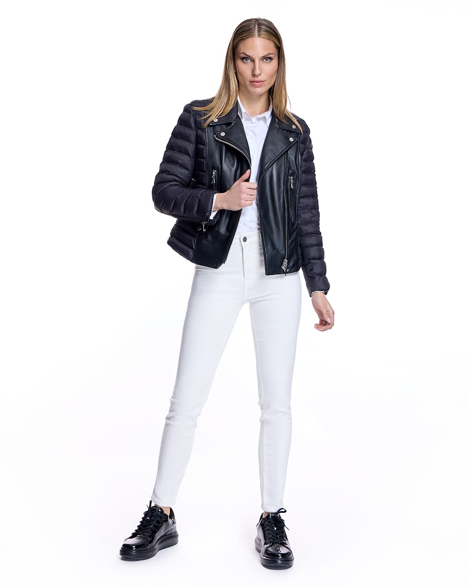 Blusão de Couro com Fecho Zip e Lateral e Mangas de Acolchoado Preto-4