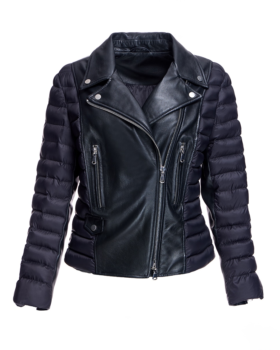 Blusão de Couro com Fecho Zip e Lateral e Mangas de Acolchoado Preto-5