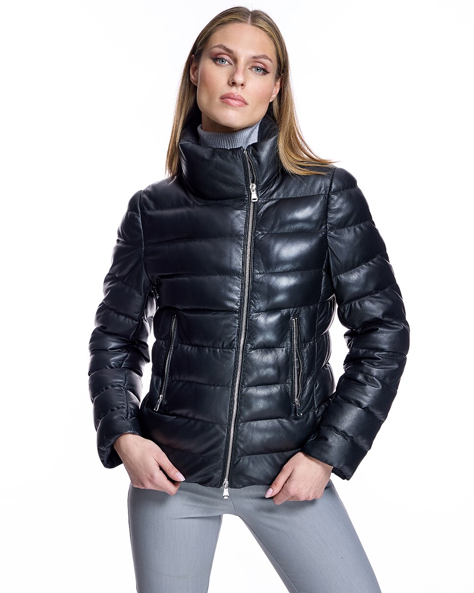 Blusão Acolchoado de Couro com Fecho Zip Cruzado e Gola Alta Preto-1