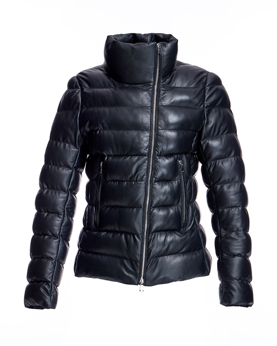 Blusão Acolchoado de Couro com Fecho Zip Cruzado e Gola Alta Preto-5