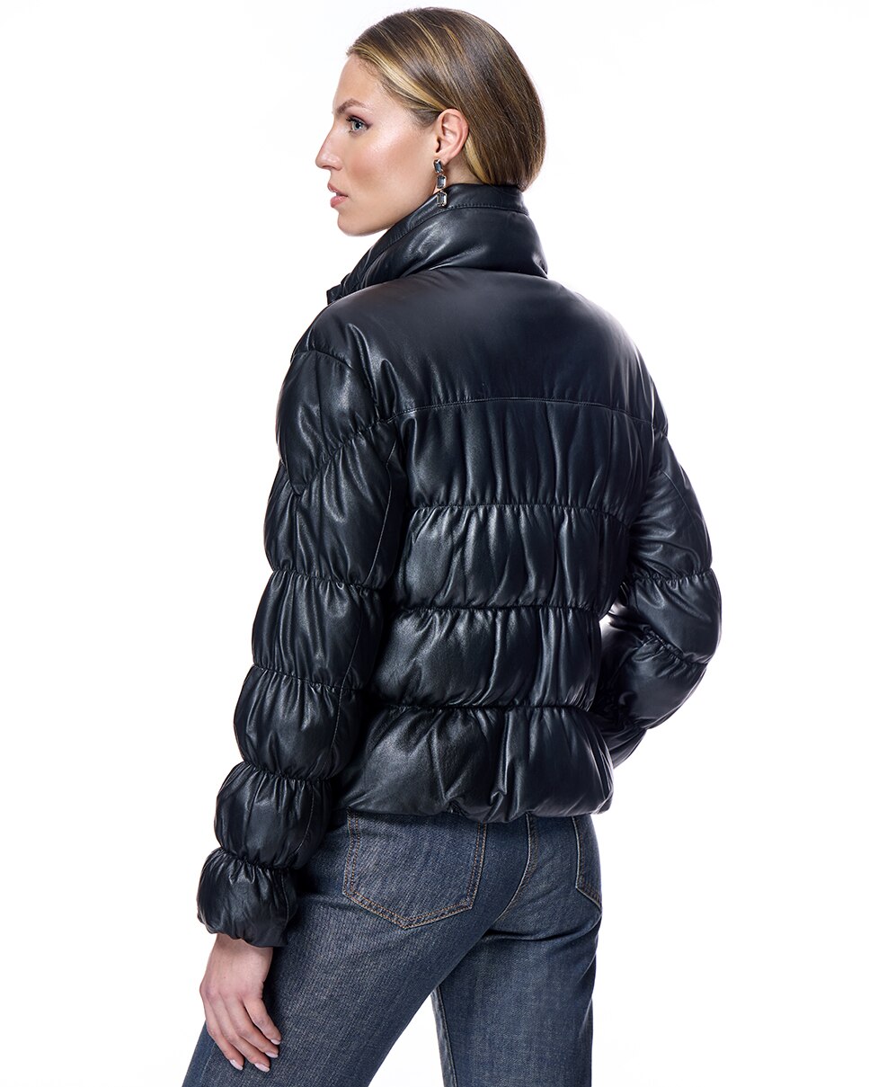 Blusão Acolchoado de Couro Franzido com Fecho Zip e Gola Alta Preto-3