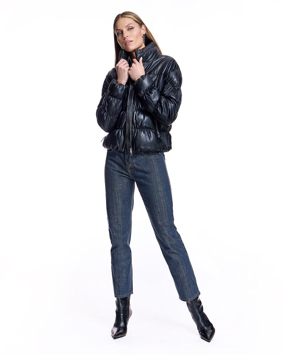 Blusão Acolchoado de Couro Franzido com Fecho Zip e Gola Alta Preto-4