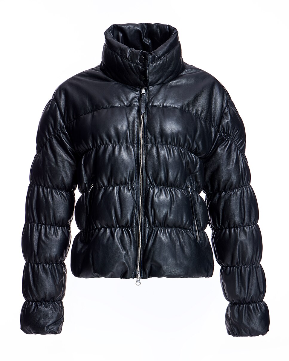 Blusão Acolchoado de Couro Franzido com Fecho Zip e Gola Alta Preto-5