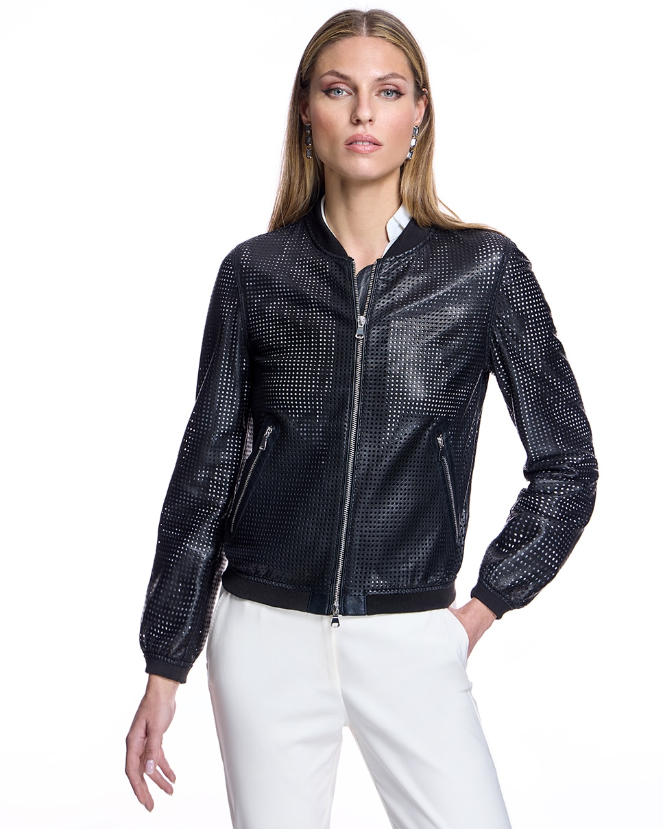 Casaco de Couro Perfurado com Fecho Zip Preto-1