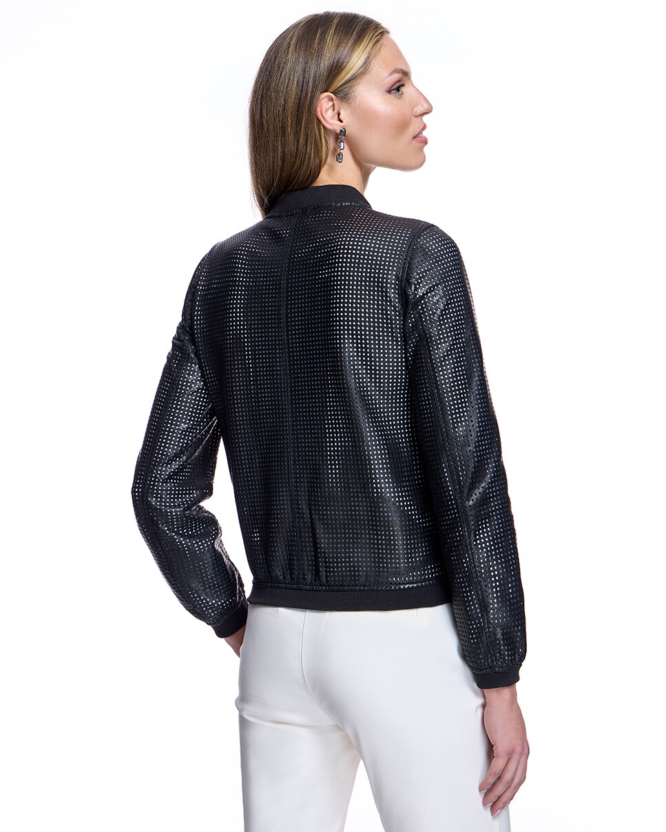 Casaco de Couro Perfurado com Fecho Zip Preto-3