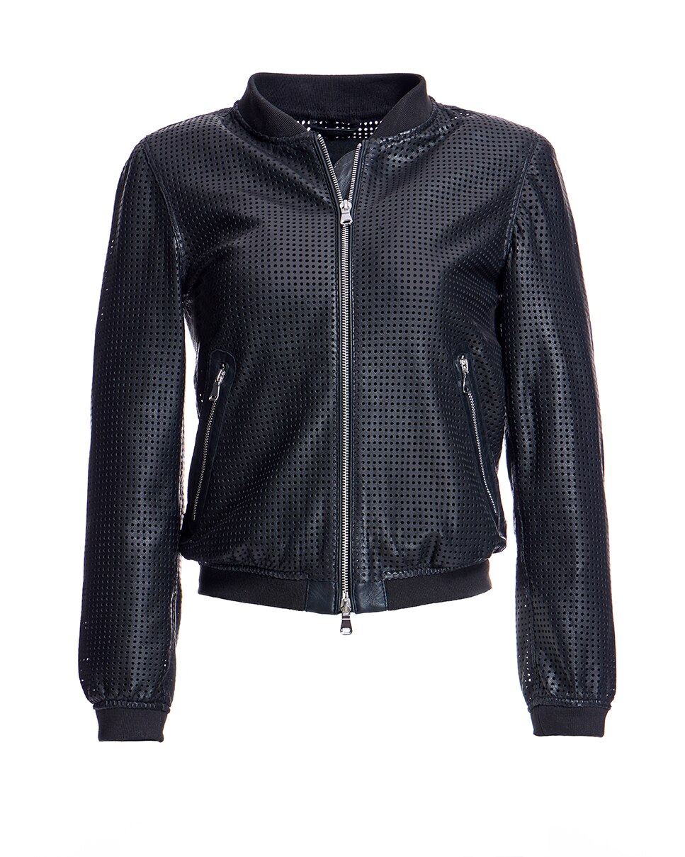 Casaco de Couro Perfurado com Fecho Zip Preto-5