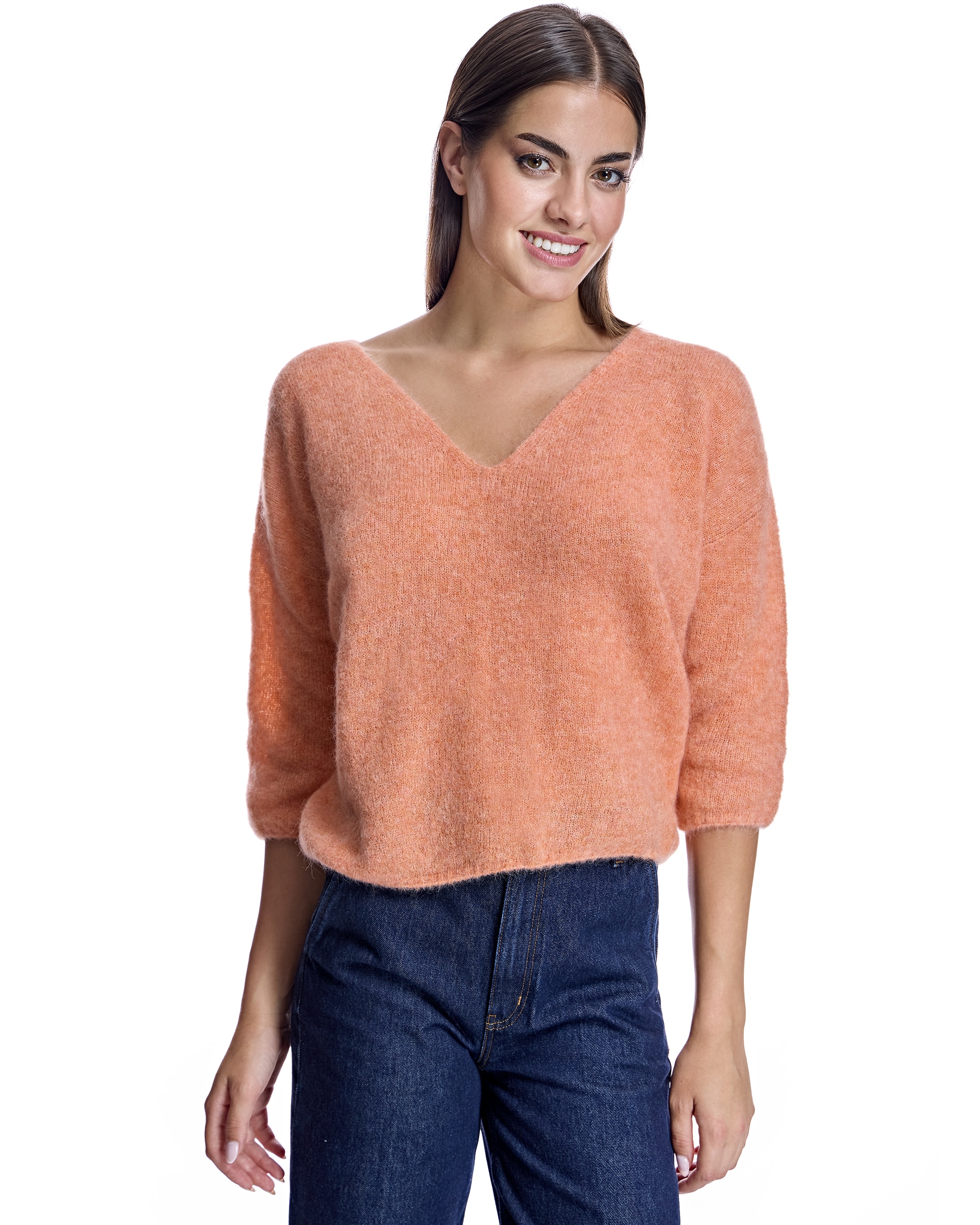 Camisola com Gola em V e Manga 3/4 Laranja-1