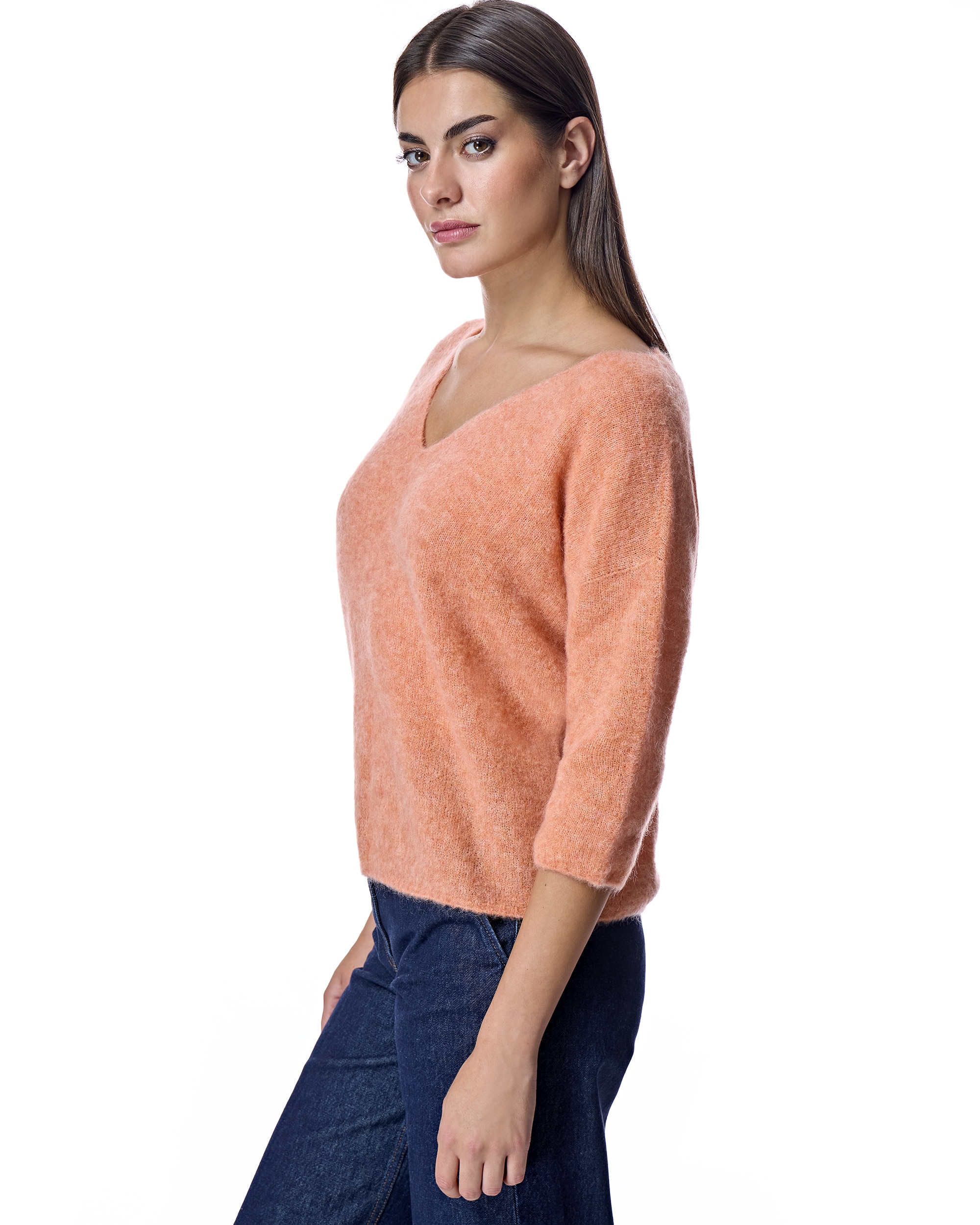 Camisola com Gola em V e Manga 3/4 Laranja-2