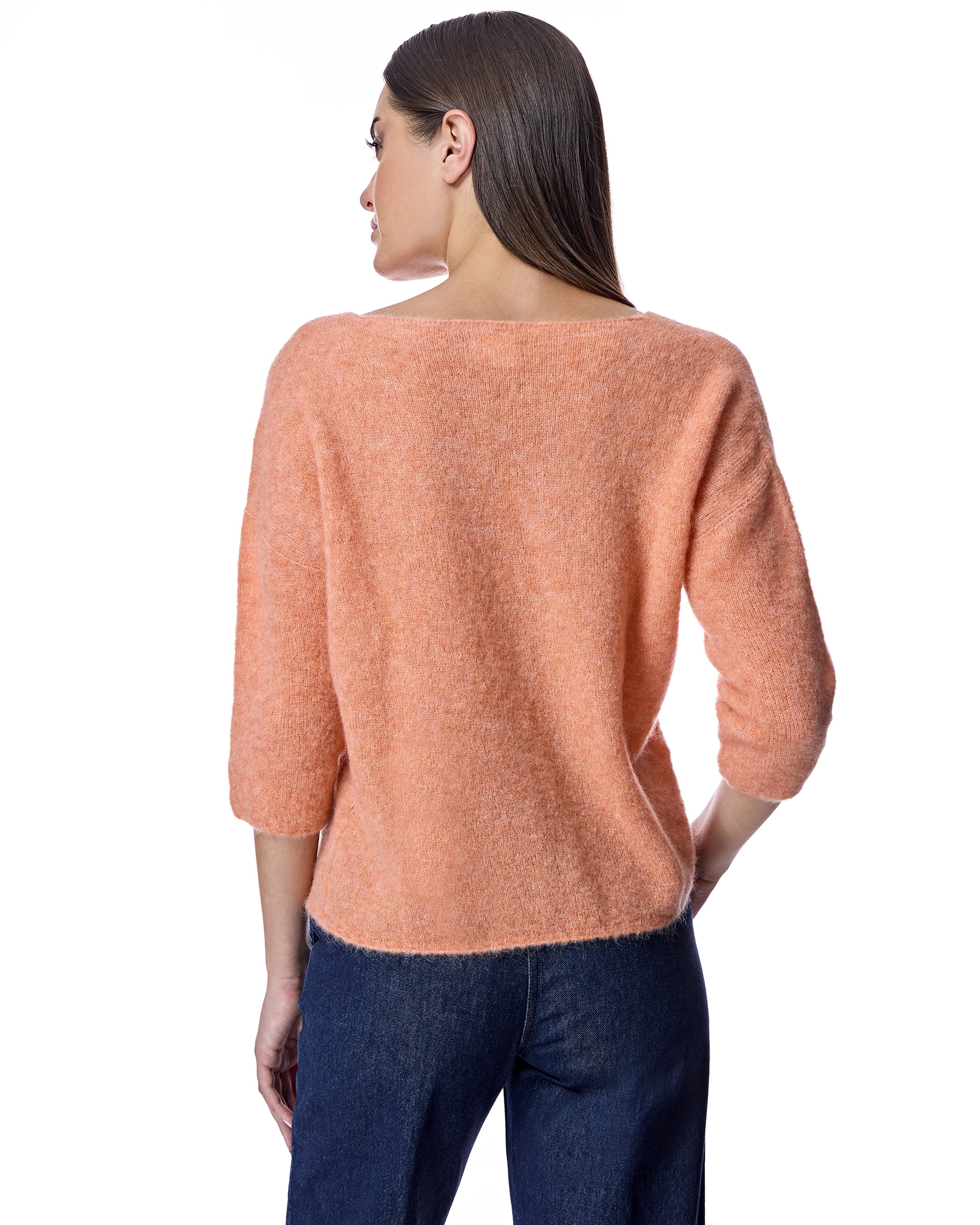 Camisola com Gola em V e Manga 3/4 Laranja-3