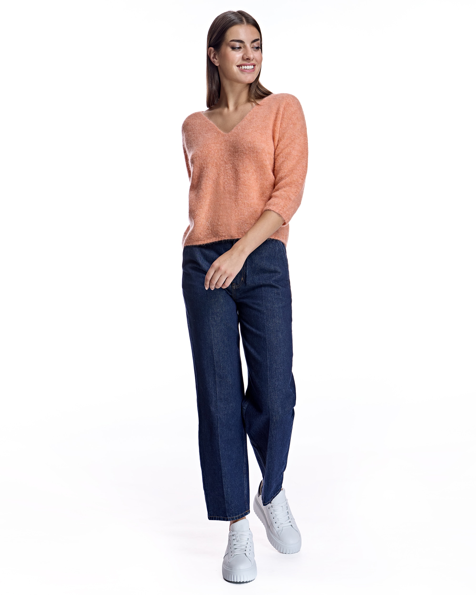 Camisola com Gola em V e Manga 3/4 Laranja-4