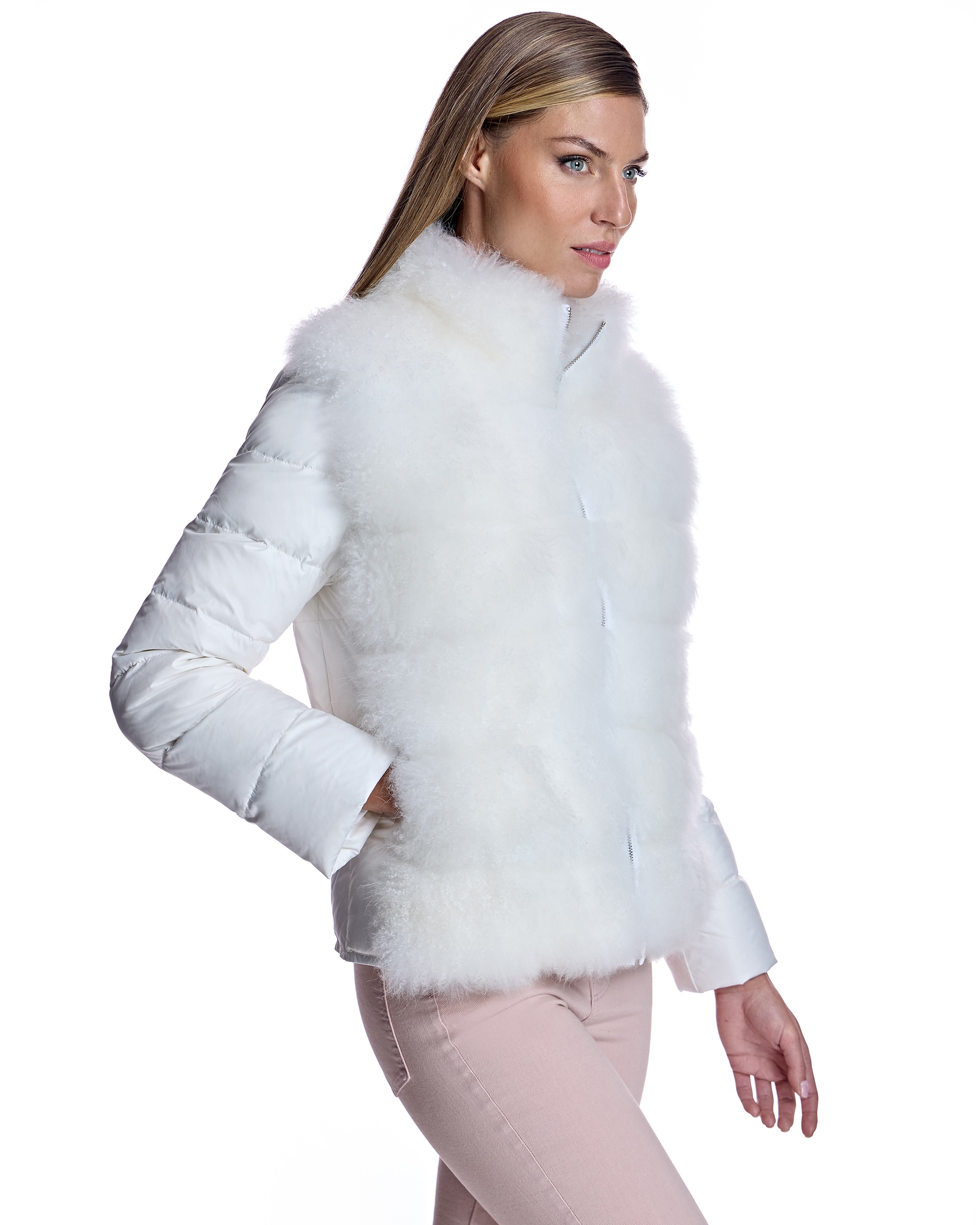 Blusão Acolchoado em Pelo de Cabra de Caxemira com Fecho Zip Branco-2