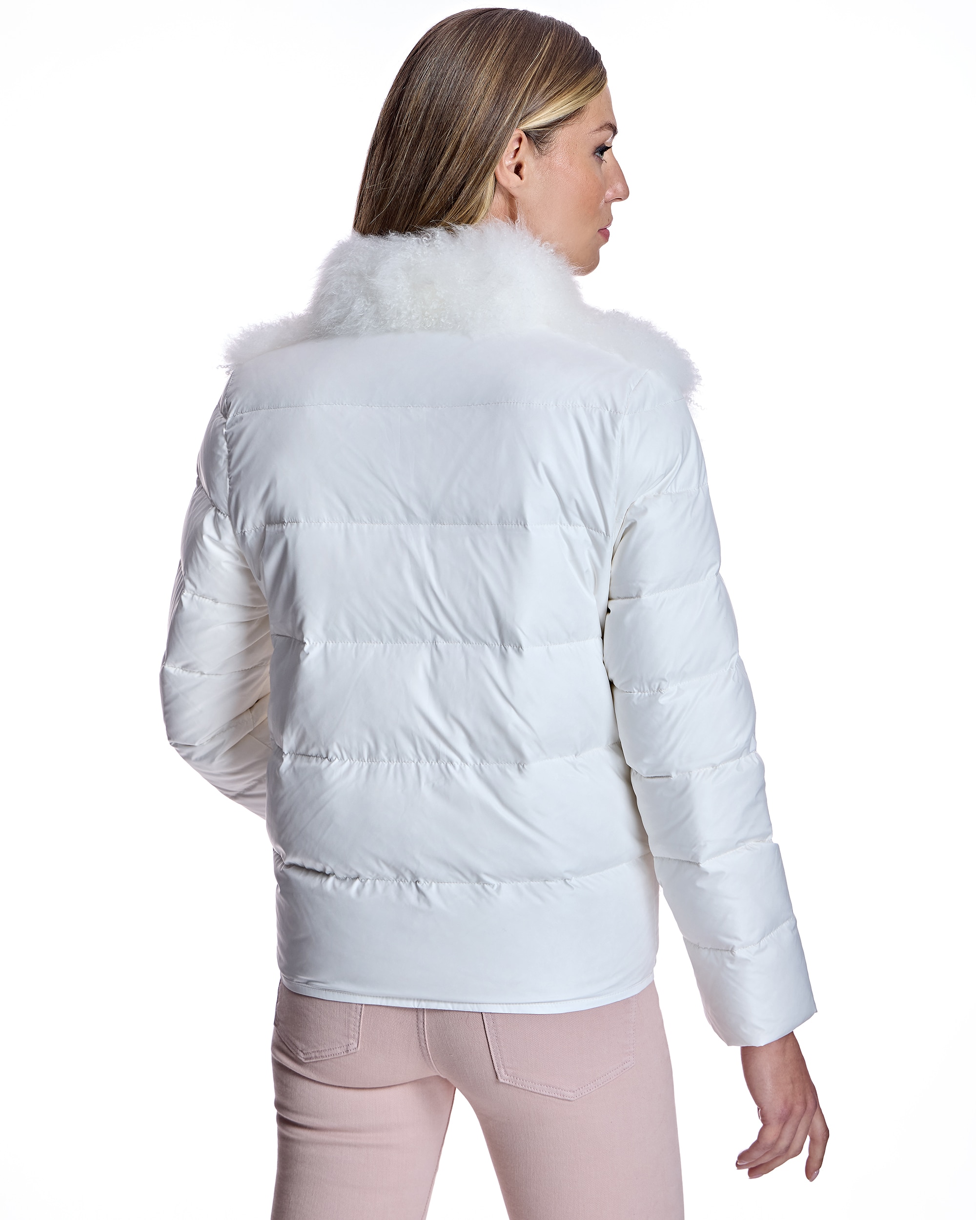 Blusão Acolchoado em Pelo de Cabra de Caxemira com Fecho Zip Branco-3
