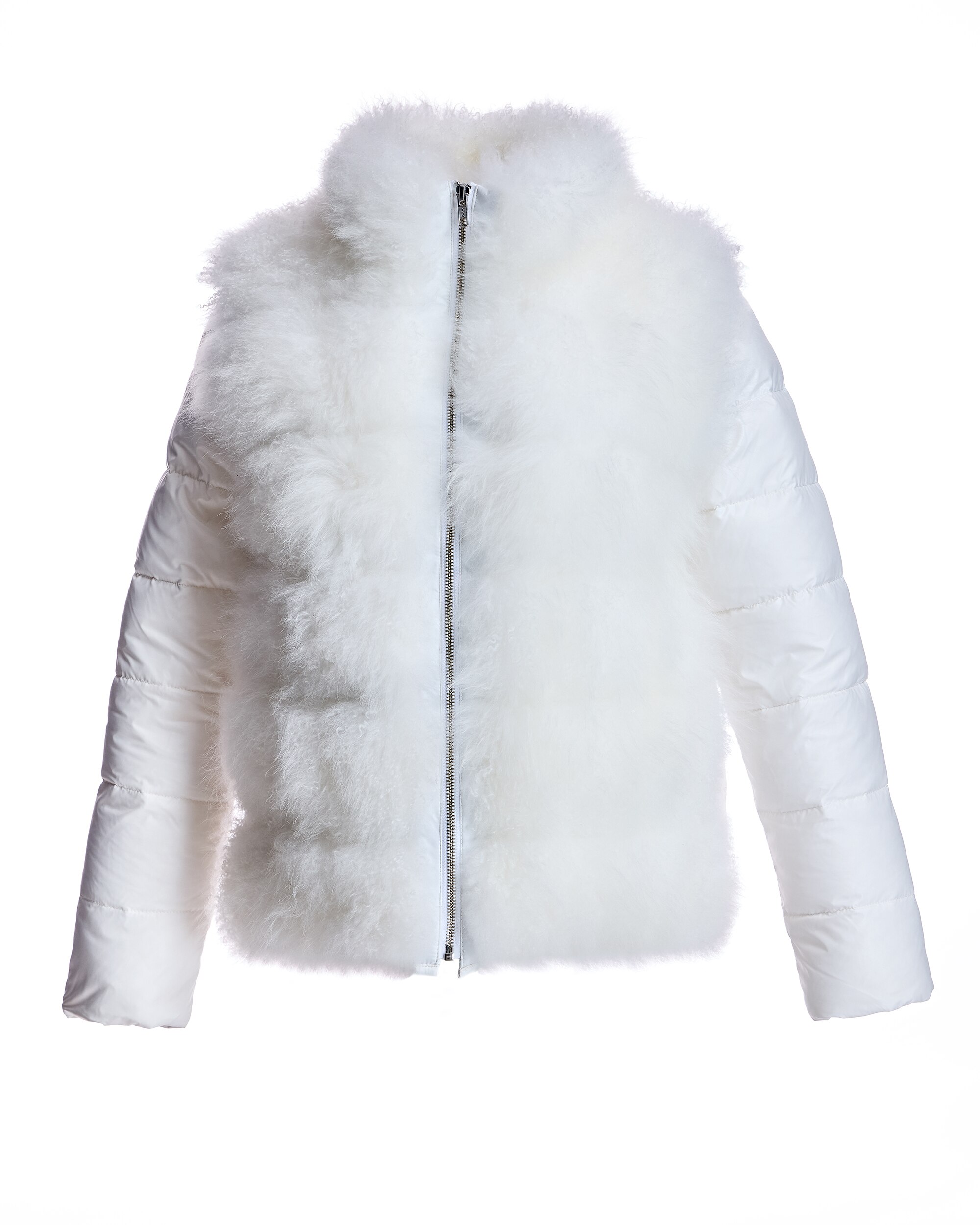 Blusão Acolchoado em Pelo de Cabra de Caxemira com Fecho Zip Branco-5