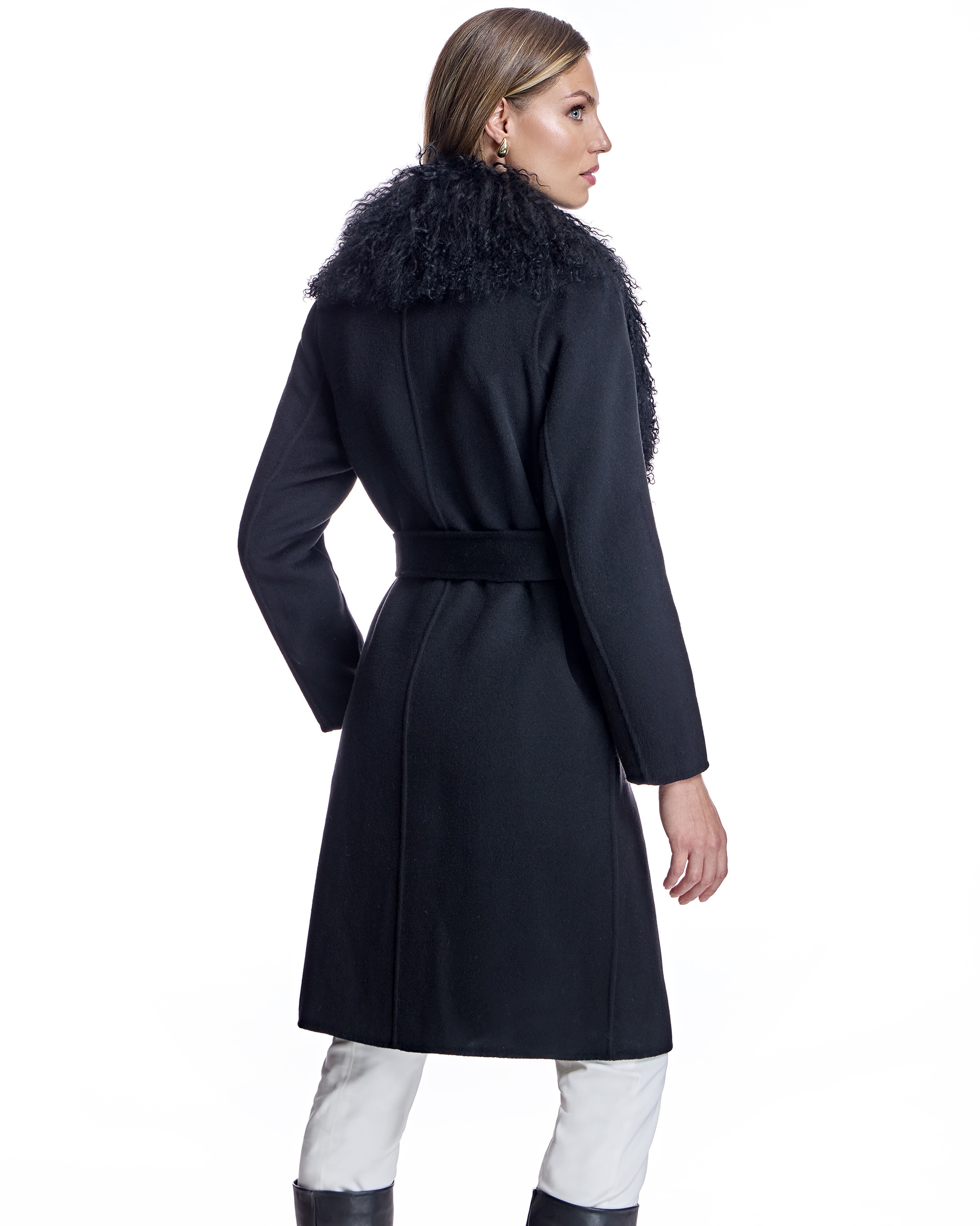 Sobretudo de Lã com Gola Desmontável de Cordeiro Tibetano Preto-3