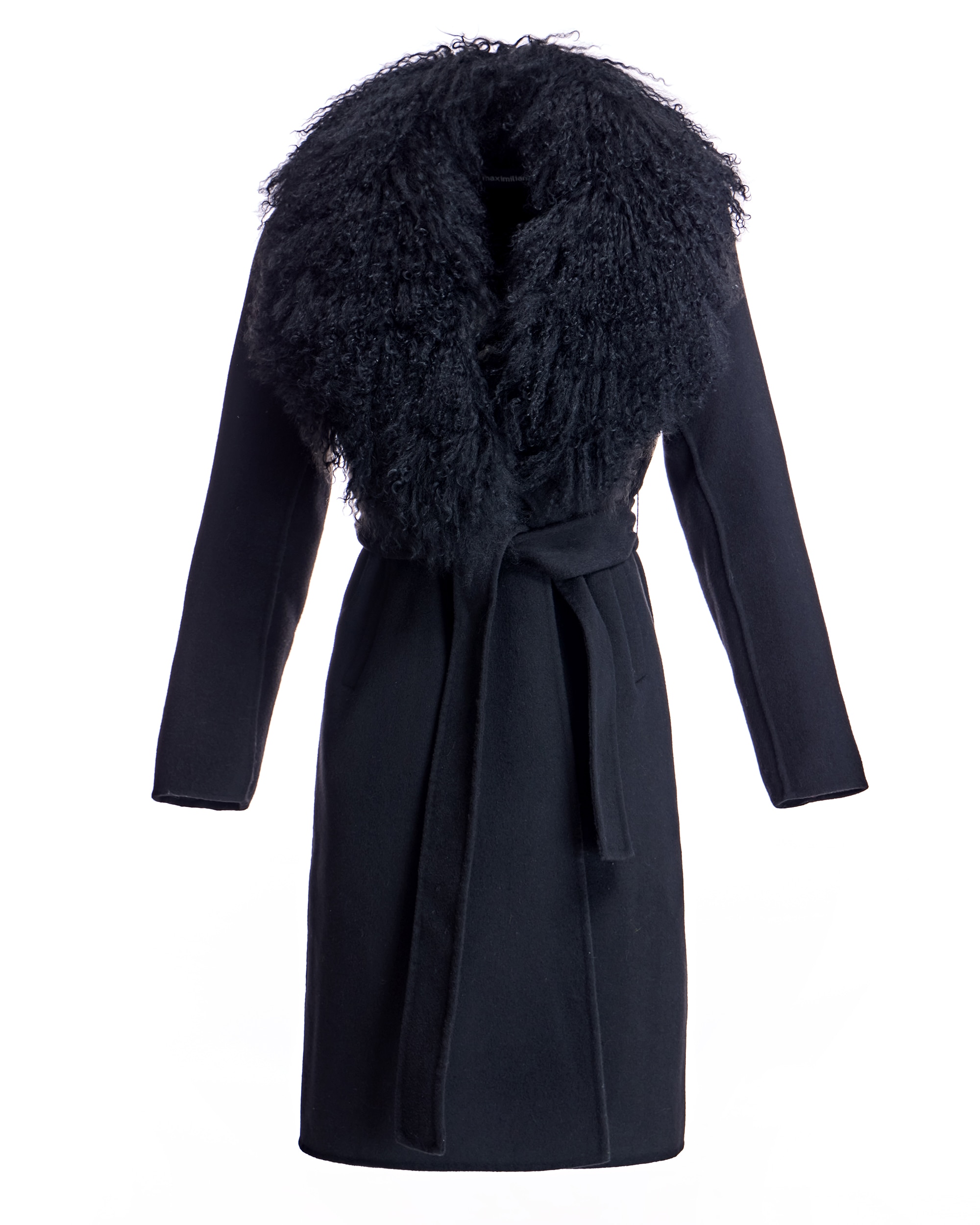 Sobretudo de Lã com Gola Desmontável de Cordeiro Tibetano Preto-5