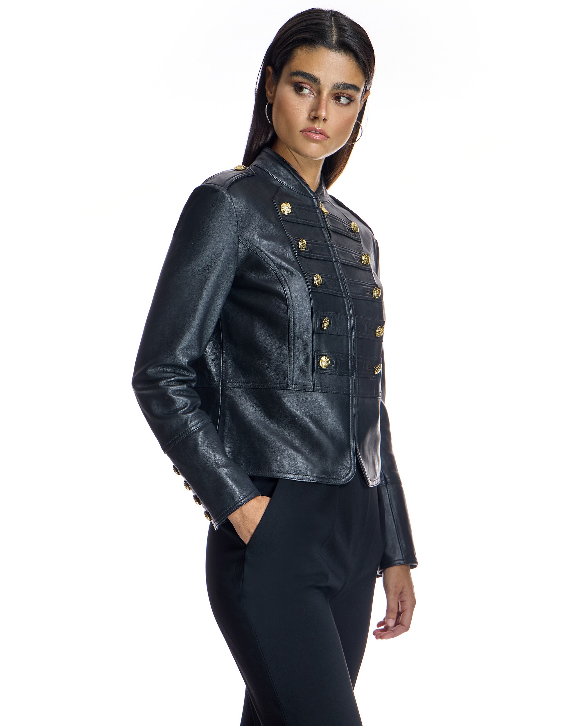Casaco de Pele Estilo Militar com Fecho Zip Preto-2