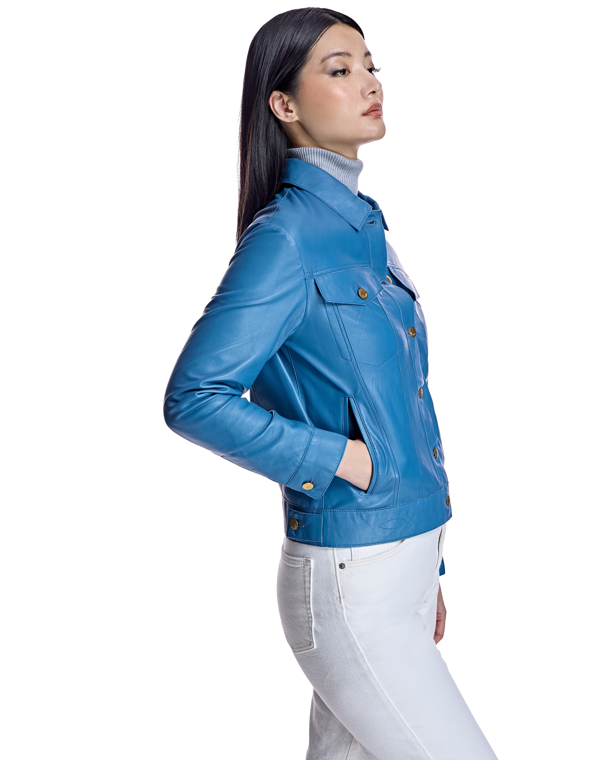 Blusão de Pele com Bolsos com Aba Azul-2
