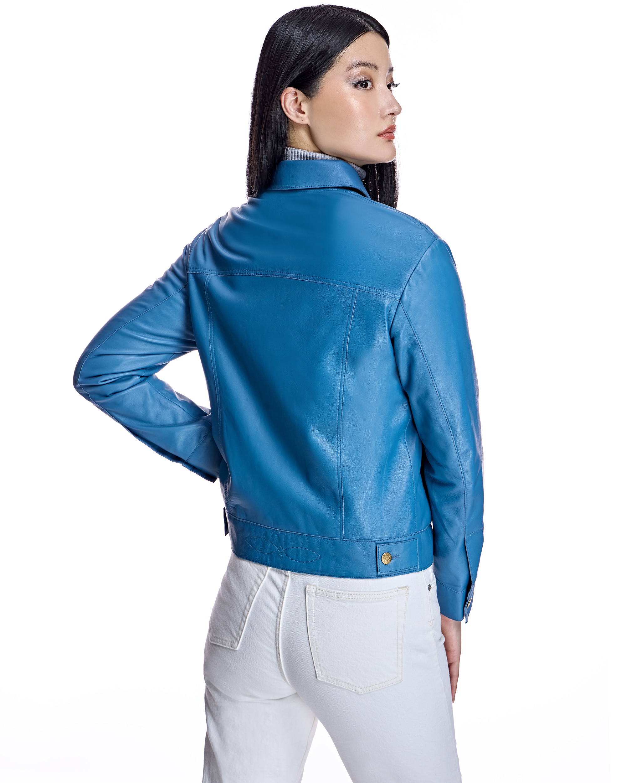 Blusão de Pele com Bolsos com Aba Azul-3