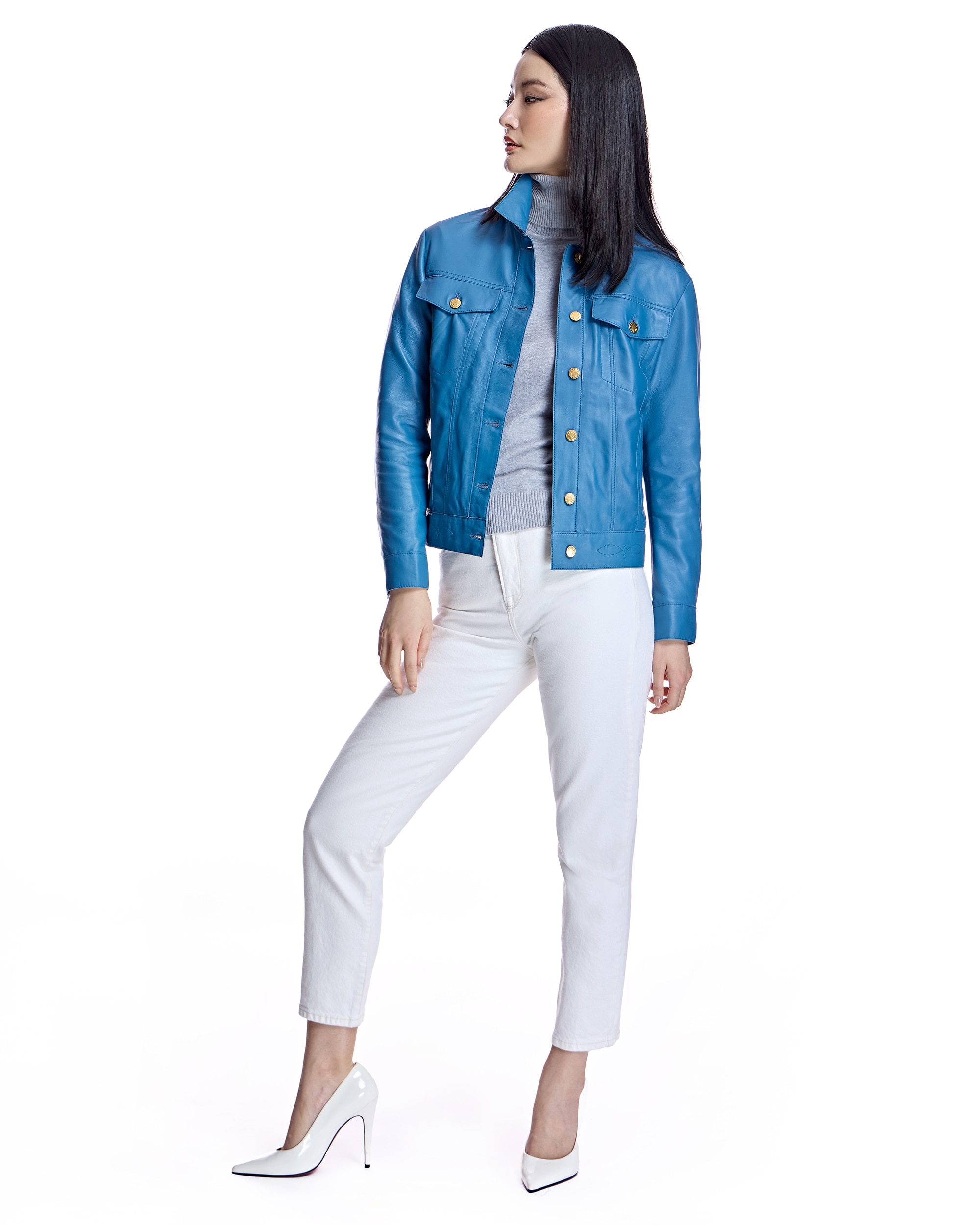 Blusão de Pele com Bolsos com Aba Azul-4