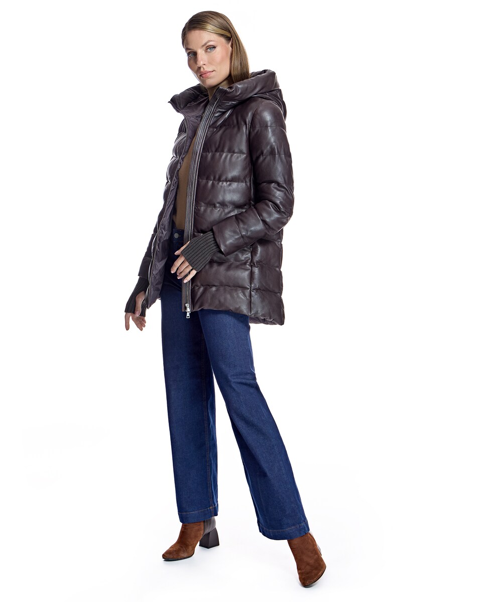 Plumífero de Pele com Capuz e Punhos Elásticos Castanho-4