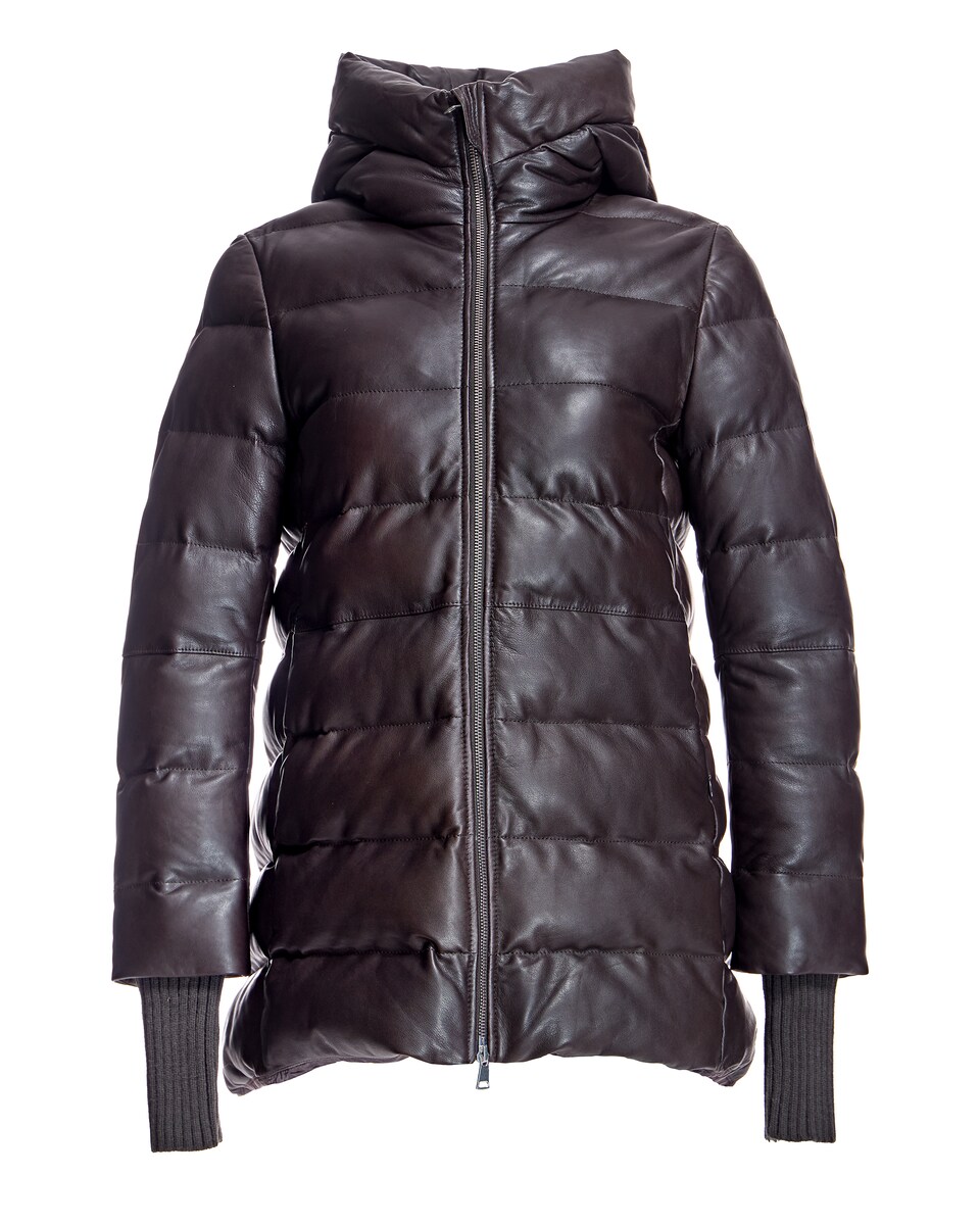 Plumífero de Pele com Capuz e Punhos Elásticos Castanho-5