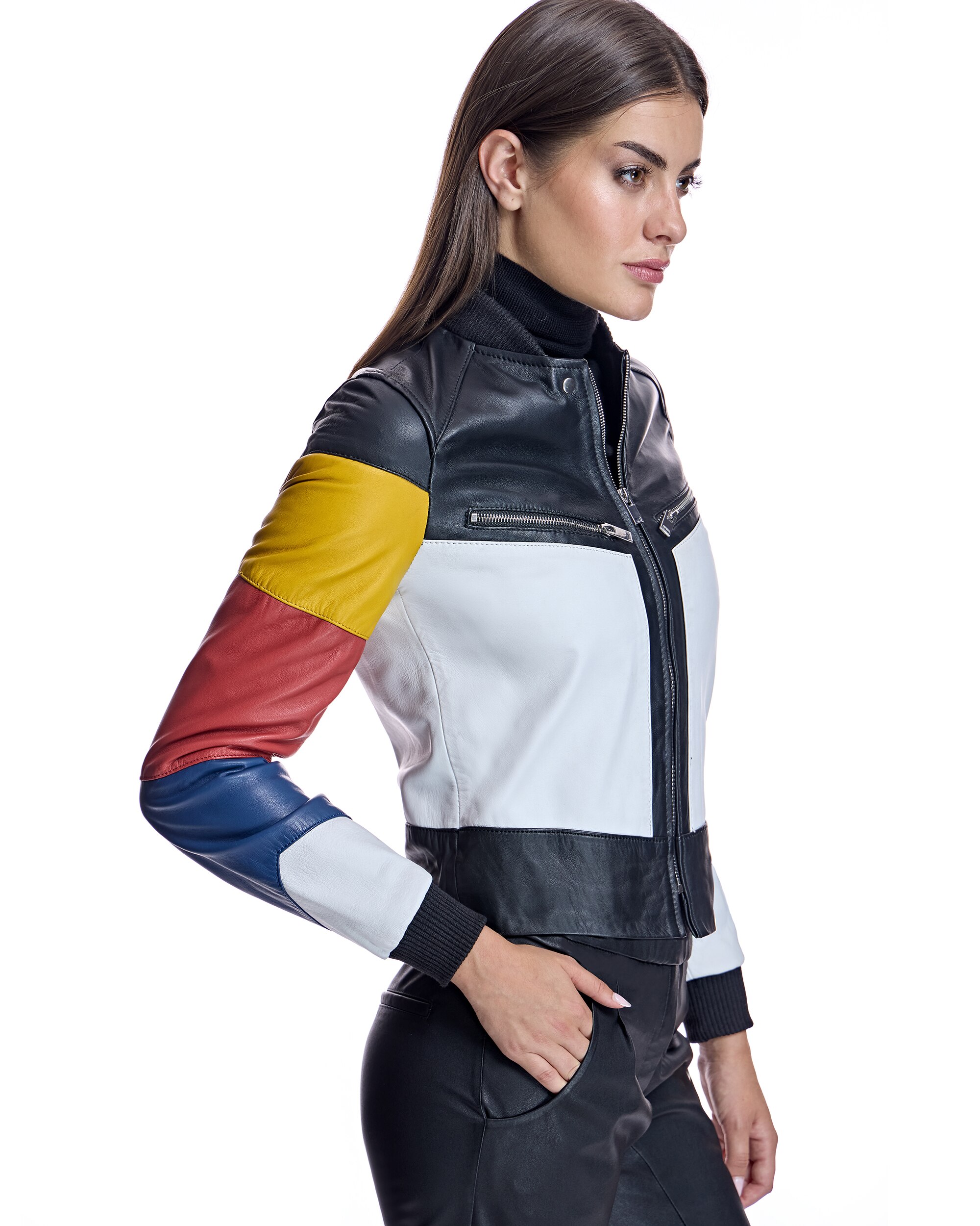 Casaco de Pele com Fecho Zip e Punhos Elásticos Multicolor-2