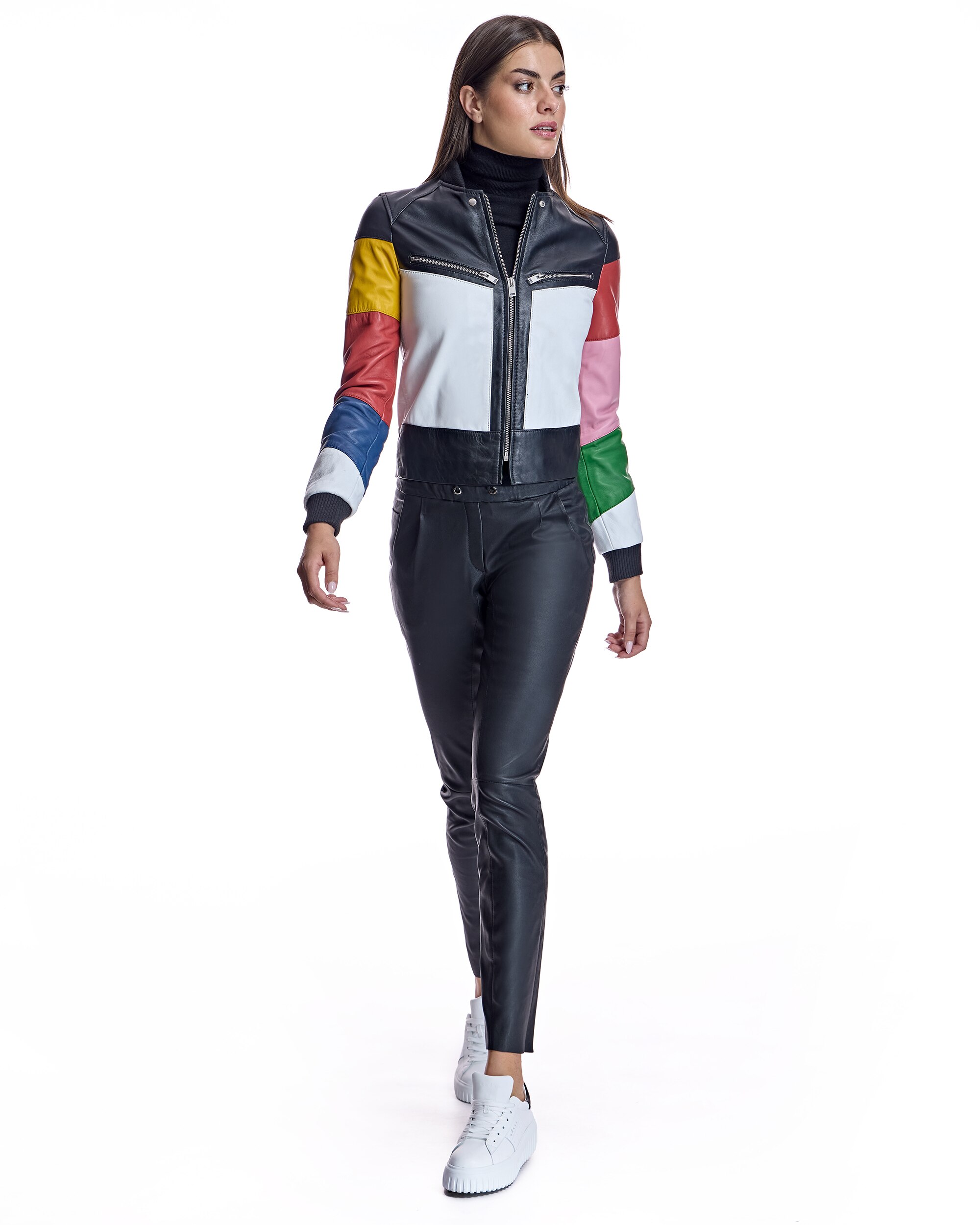 Casaco de Pele com Fecho Zip e Punhos Elásticos Multicolor-4