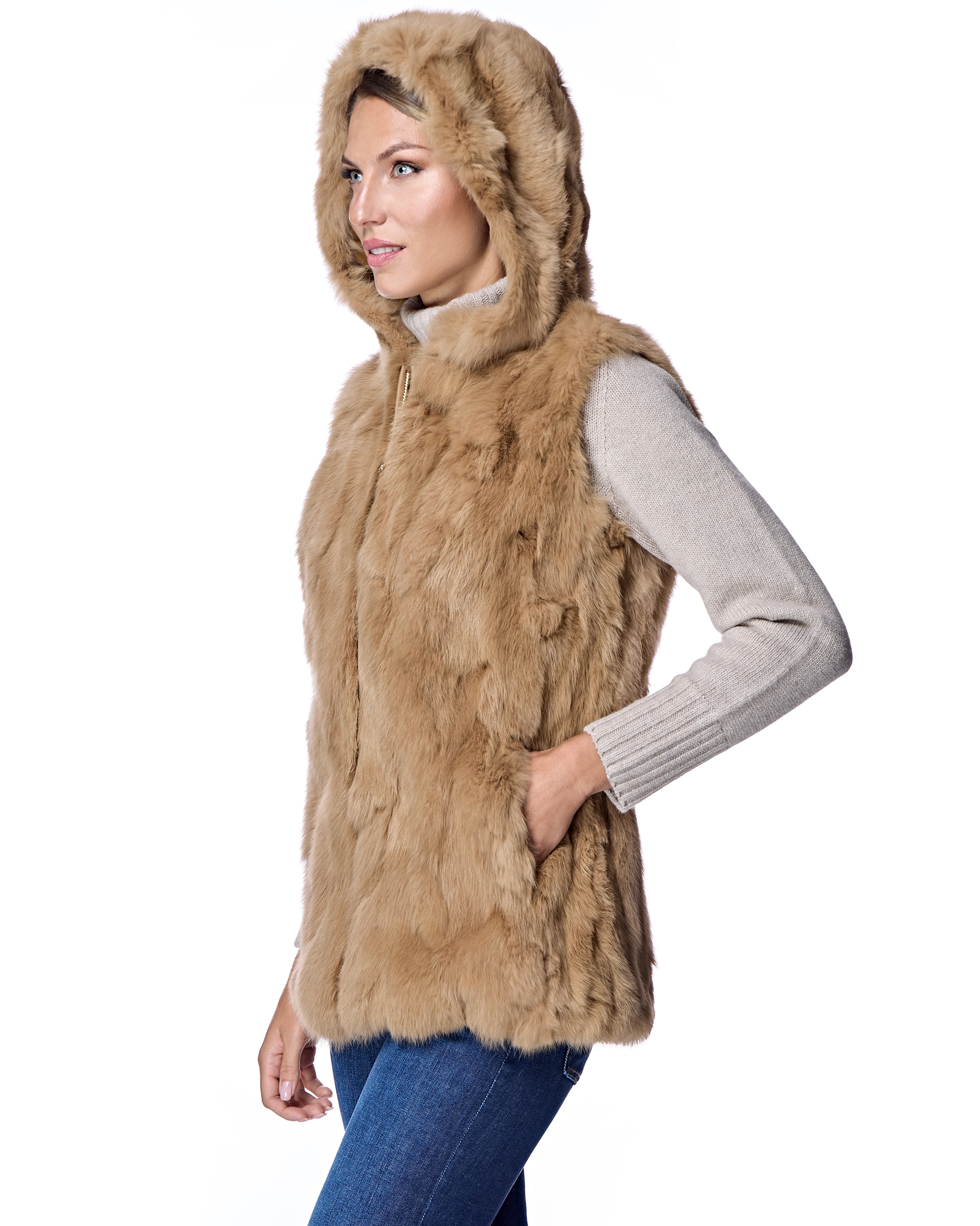 Colete em Pelo de Coelho com Fecho Zip Camel-2