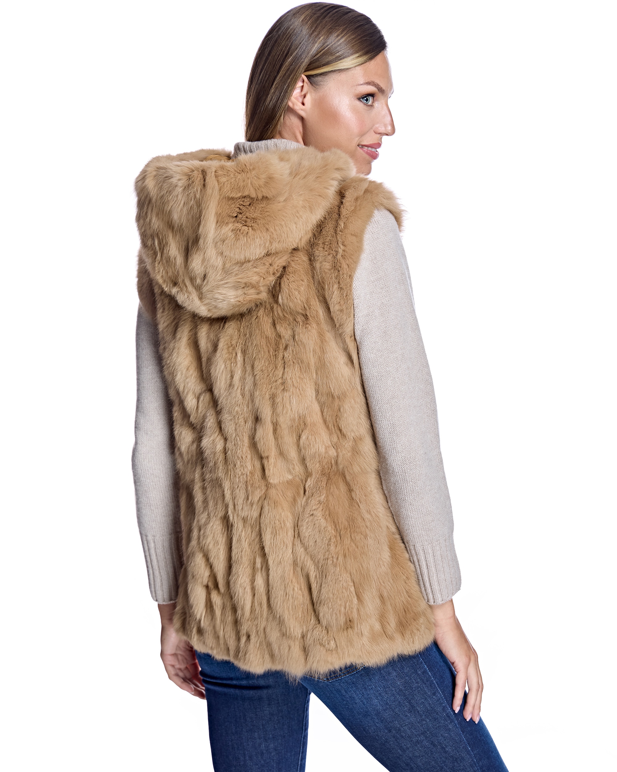 Colete em Pelo de Coelho com Fecho Zip Camel-3